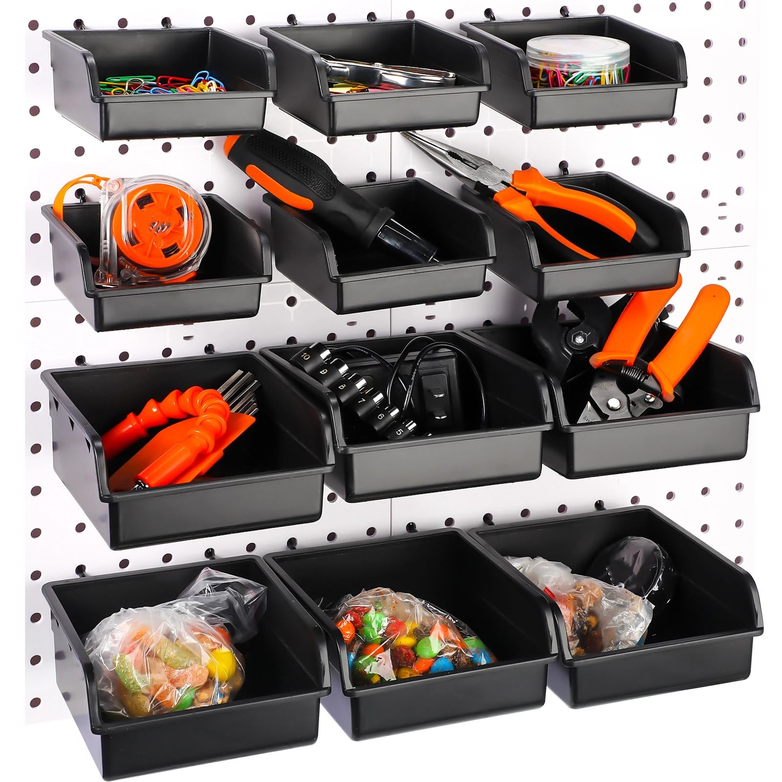 Roowest 12 Pieces Pegboard Bins Kit 3.5'' 5.5'' Plastic Peg Board Storage Bins with Hooks Pegboard Accessories Workbench Bins Fits Any Peg Board for