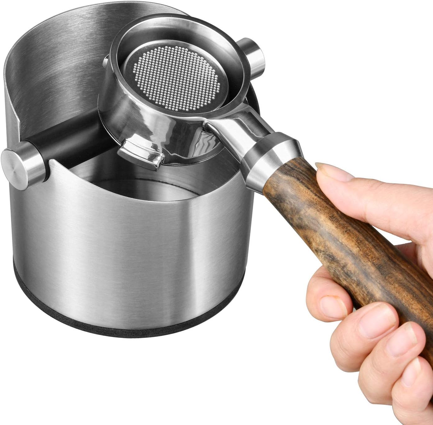 Large Size Coffee Knock Box, SANTOW Stainless Steel Construction Black Espresso Knock Box with Removable Knock Bar and Non-Slip Base (Silver)