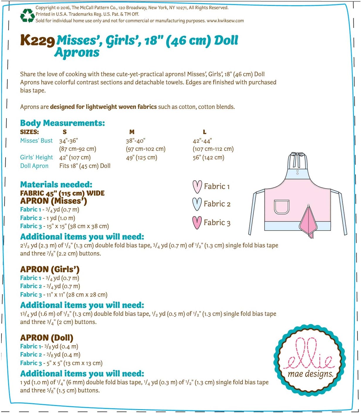 McCall's Kwik K0229 18" Doll Aprons with Detachable Sewing Pattern, Size S-M-L (Misses & Girls) Towel