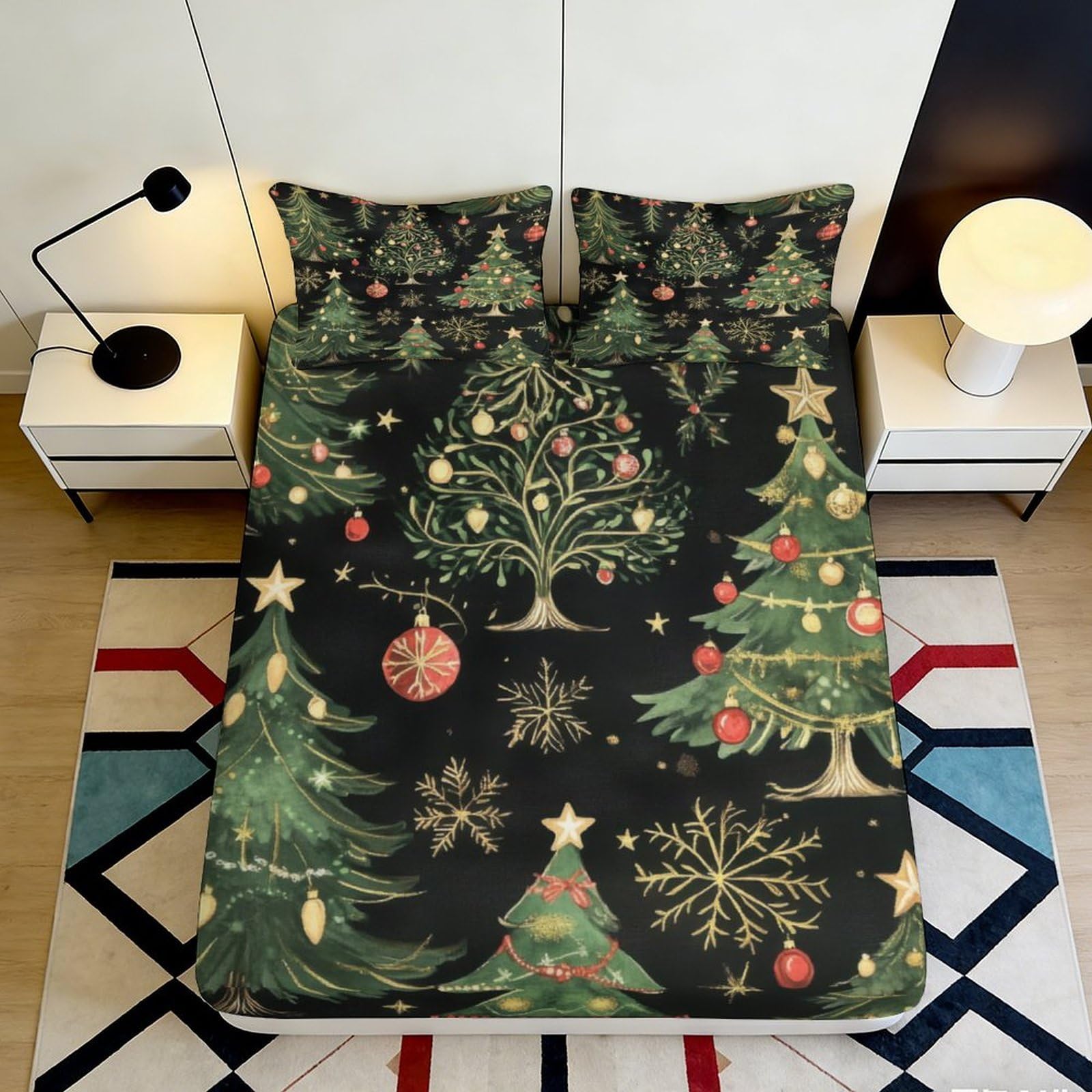 Pnayamiorkfel Style-1 3D Printed Christmas Tree Fitted Sheet Microfiber Soft Decorative Festive Bed Cover For Bedroom Guest Room Dorm 90X200x25cm