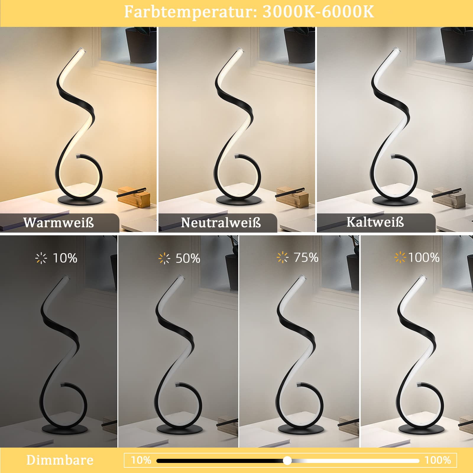 Lampada da tavolo a LED, design a spirale, 22 W, touch dimmabile, moderna, bianco caldo, 3 modalità colore, 10 livelli luminosità, per camera da letto, ufficio