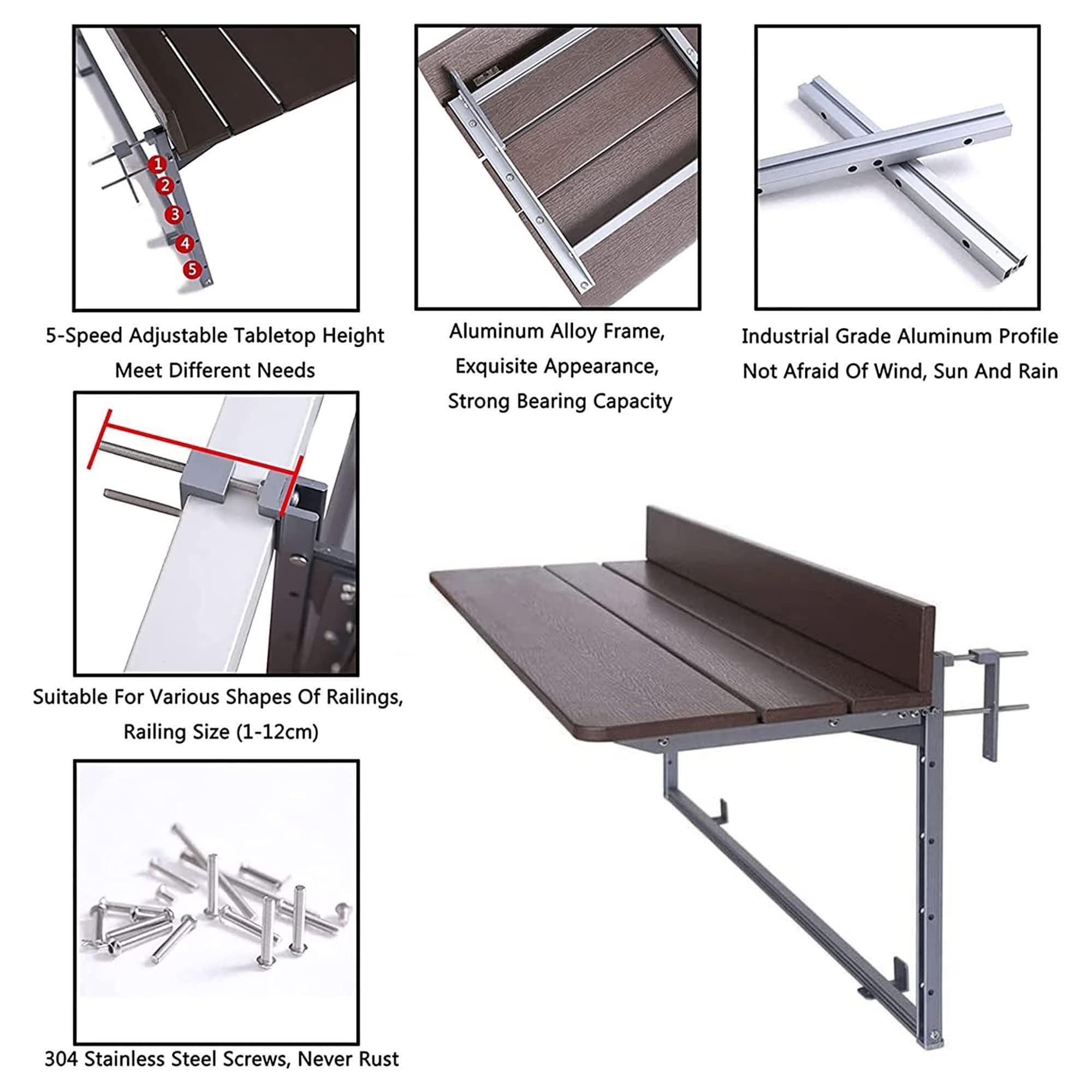 Table de bar de balcon pour balustrades,table de bar d'extérieur,bureau de balcon,bureau pliant créatif,hauteur réglable, bureau extensible de comptoir, pour patio,60 * 37cm/23.6 * 14.56inch