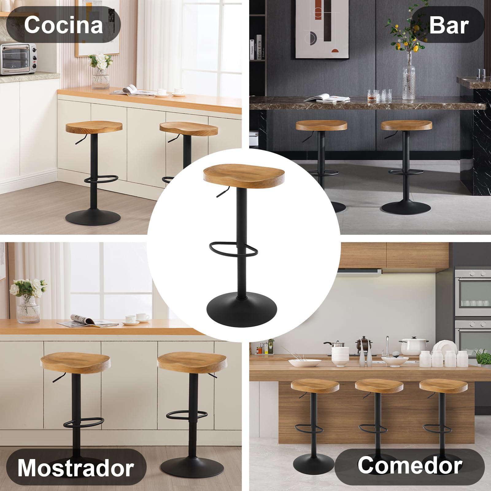 WOLTU Taburetes Altos de Cocina Juego de 2, Giratorio con Reposapiés, Taburete de Bar Regulable en Altura Asiento de Madera, para Zona de Bar, Cocina, Base Metalico, Marrón Rústico