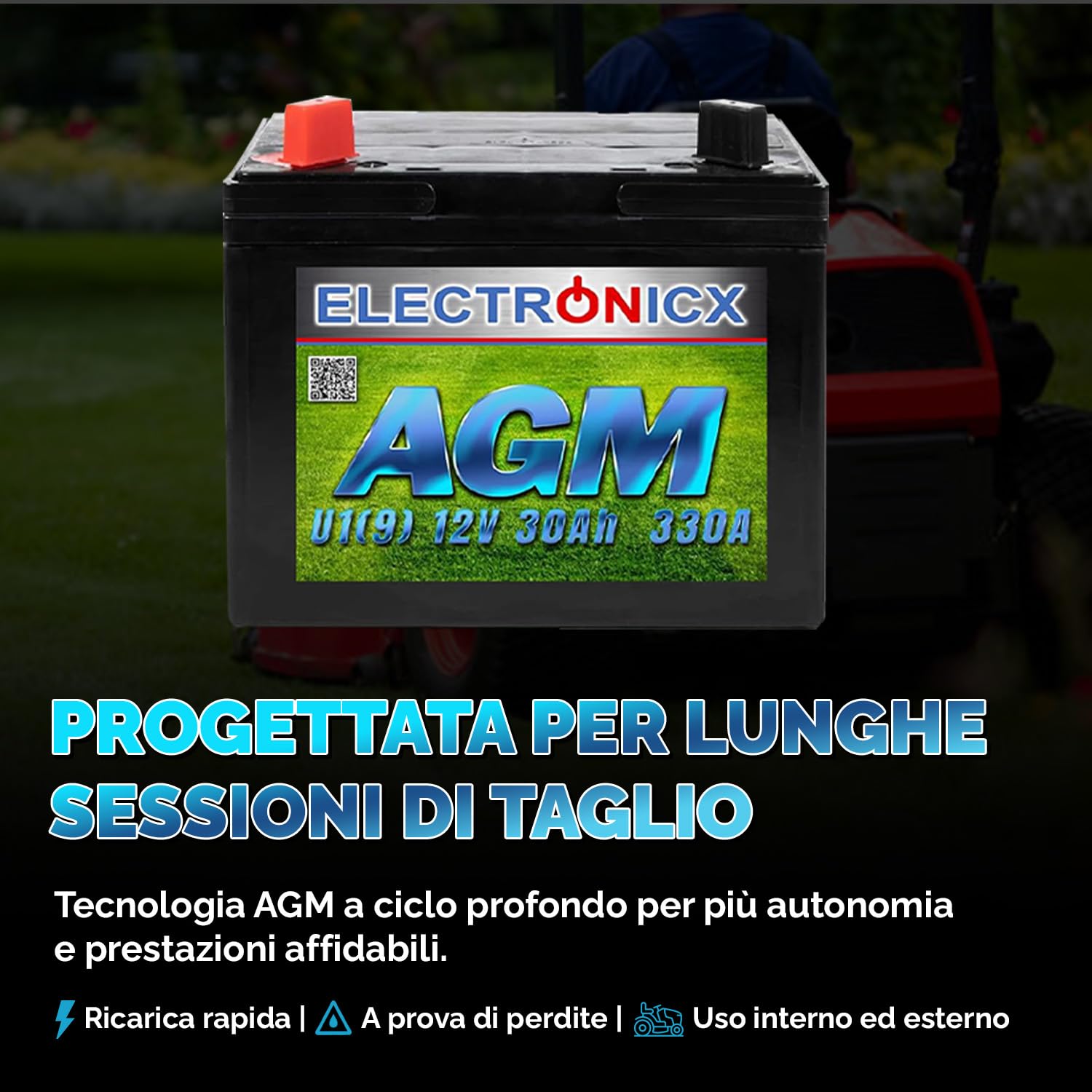 Electronicx - Batteria AGM U1 (9) 30 AH 330 A (EN) per tosaerba, attrezzi da giardino, batteria di avviamento, non necessita di manutenzione, tecnologia AGM, ermetica