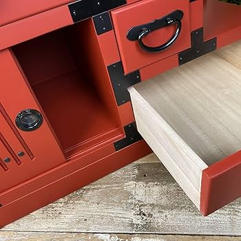 在庫処分セール！民芸家具引き戸付き階段箪笥左下がり朱色木製桐材無垢チェストタンス Amazon.co.jp: 民芸家具、和引き戸付き階段タンス(右下がり朱