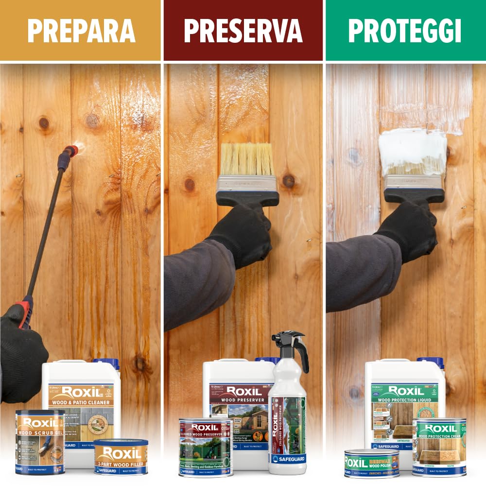Roxil Impregnazione del legno 2 x 5 l e spruzzatore a pressione – fino a 10 anni di protezione dalle intemperie e idrofobiatura per legno tenero e legno duro invecchiato – Adatto per mobili in legno
