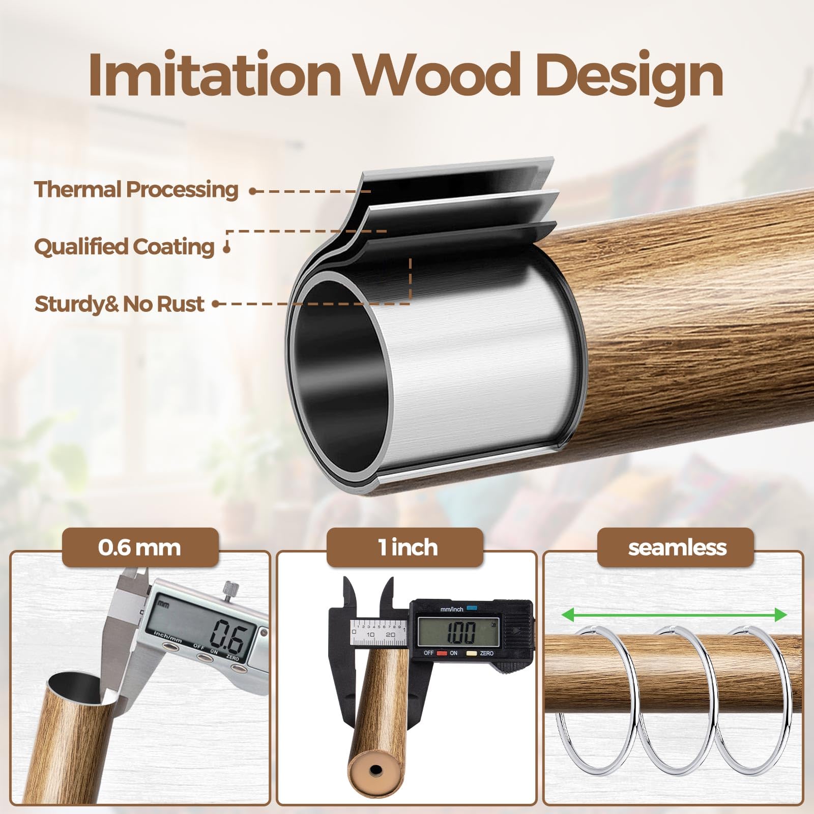 KAMANINA Tringle à rideaux double en bois de 2,5 cm pour fenêtres de 167,6 à 304,8 cm (1,5 à 3 m) – Tringles à rideaux décoratives très résistantes avec embouts à motif de feuilles – Grain de bois