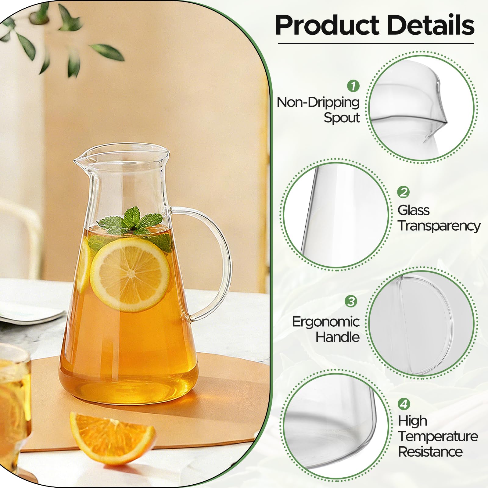 Pichet en Verre 2.2 L avec Couvercle, Carafe Eau Résistante à la Chaleur pour Thé Glacé, Jus et Lait