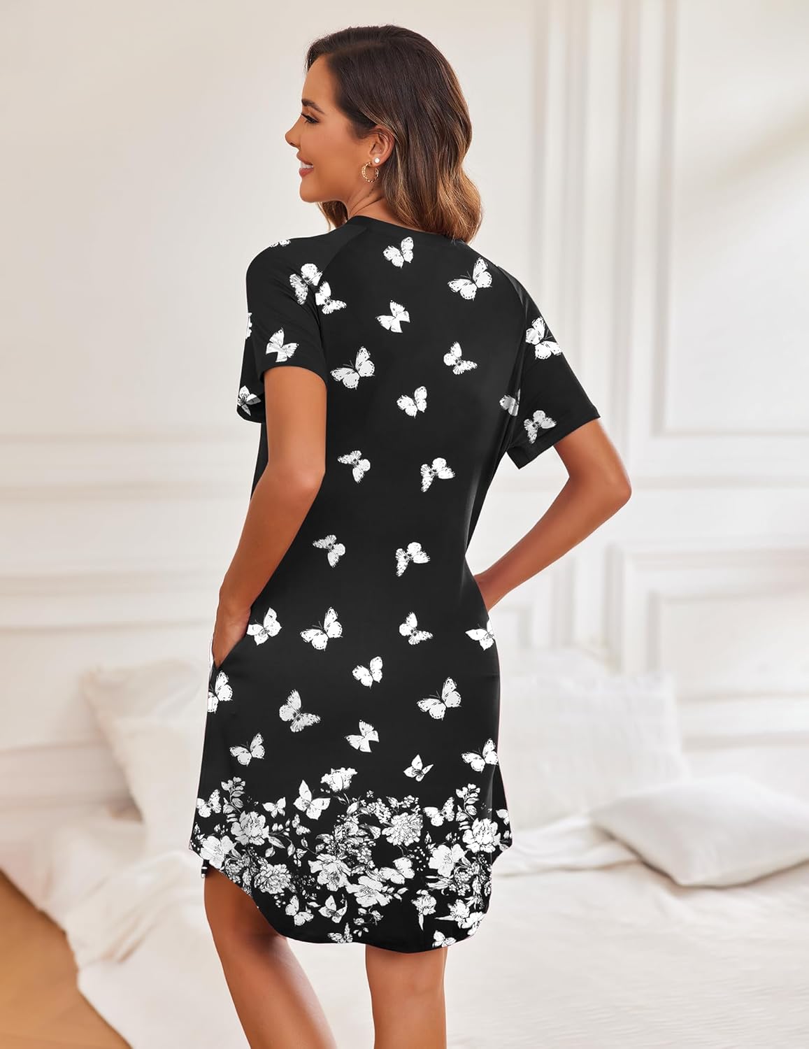 Ekouaer Women's Button Down Nightgown Short Sleeve Sleepshirt V Neck Night Shirt Soft Pajamas Dress with Pockets - Image 4