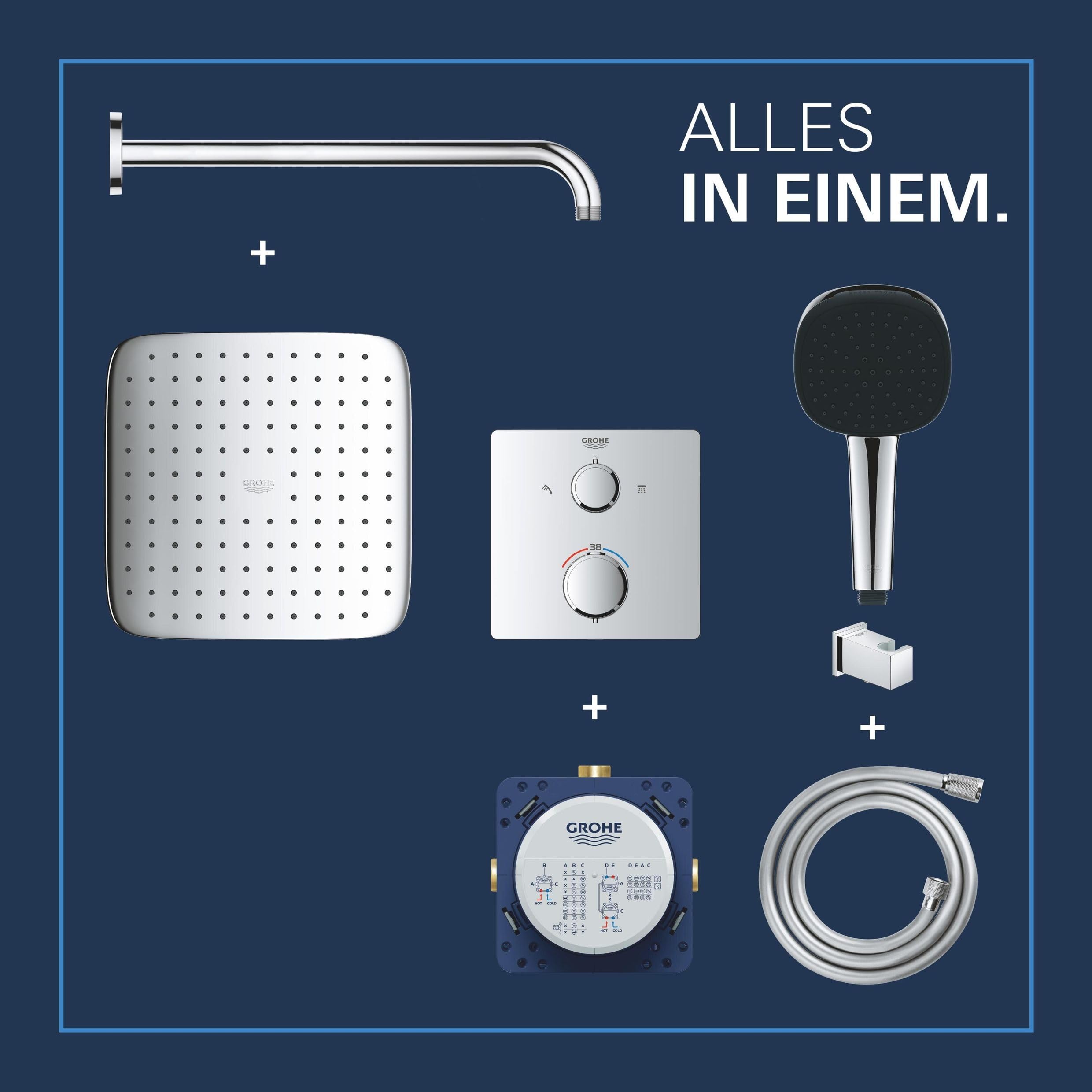 GROHE Precision 250, Unterputz Duschsystem (25cm Regendusche mit Thermostat, Kopfbrause 1 Strahlart, Duschkopf 2 Strahlarten, Komplettset, 1,50m Duschschlauch), eckig, chrom, 34882000