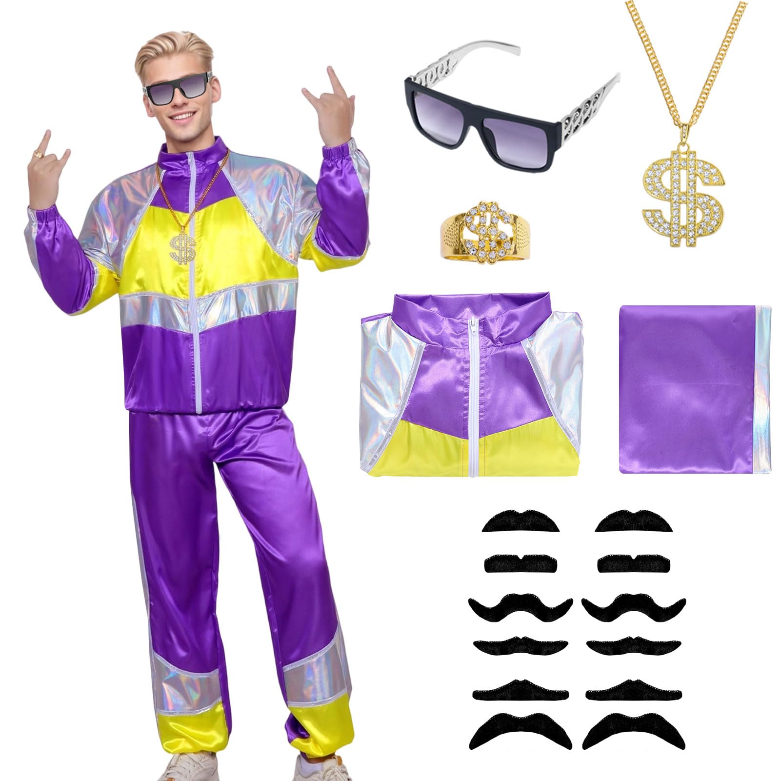 80s 90s Shell Suit Costume Men Women Fashion Retro Tracksuit with Glasses 12 Pcs Fake Moustache for 80s Party Halloween Carnival (L)
