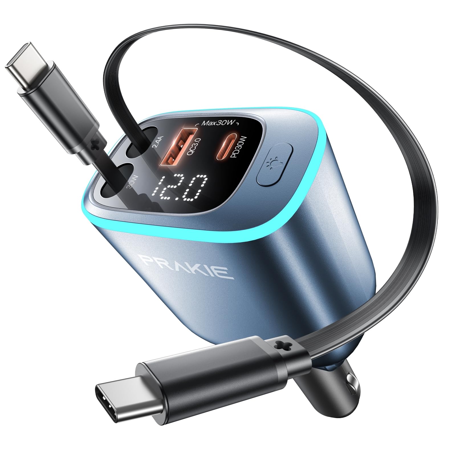 car cigarette lighter adapter for iphone to play music Charger, USB C Cable Retractable Fast USB C Phone Charger-Blue ELECTOP 1 to 2 Car