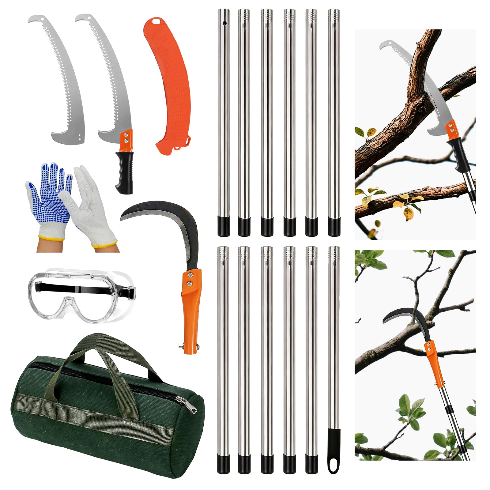 Teleskop Astsäge aus Kohlenstoffstahl,Astsäge mit Teleskopstiel+Sichel,mit 12-teiliger Teleskopsäge 0,59-5,53m Hochentaster Baumsäge,Tragetasche,Schutzbrille und Handschuhe,C60 Profi-Gartengeräte