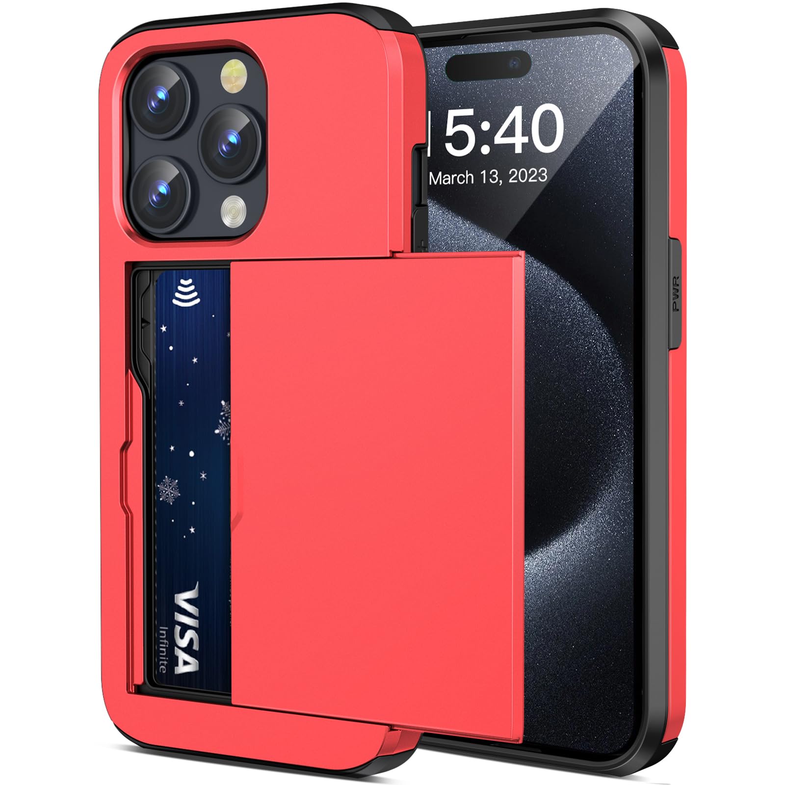 Jiunaifor iPhone 15 Pro Case - Shockproof Dual Layer Wallet Case with Credit Card Holder Slide Back Pocket Cell Phone Case for iPhone 15 Pro 5G 6.1'' Display - Red