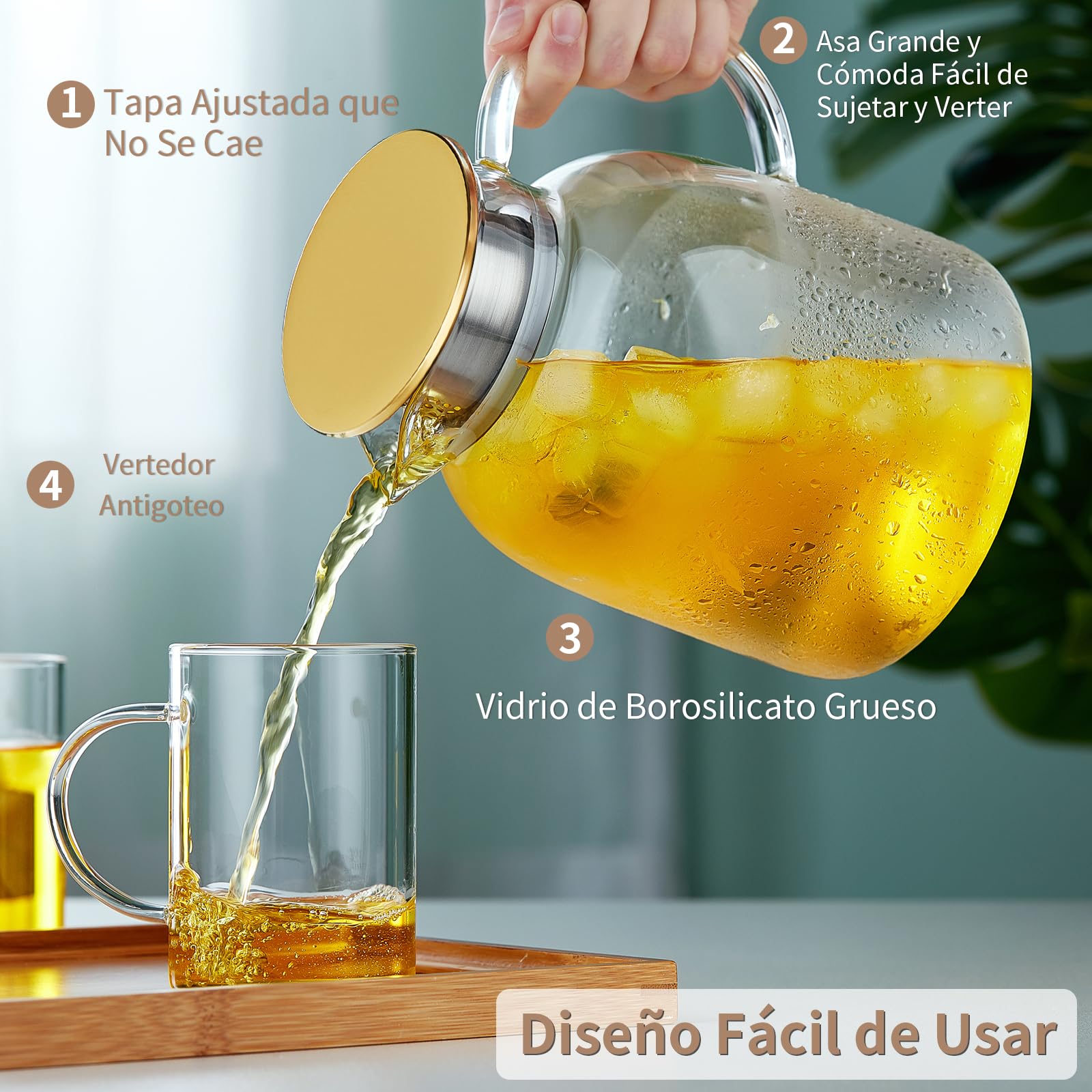 MESNEY Tetera de vidrio de 2 litros con infusor, vidrio de borosilicato resistente al calor, infusor de tetera para té suelto, colador y tapa 2 en 1, apta para estufa