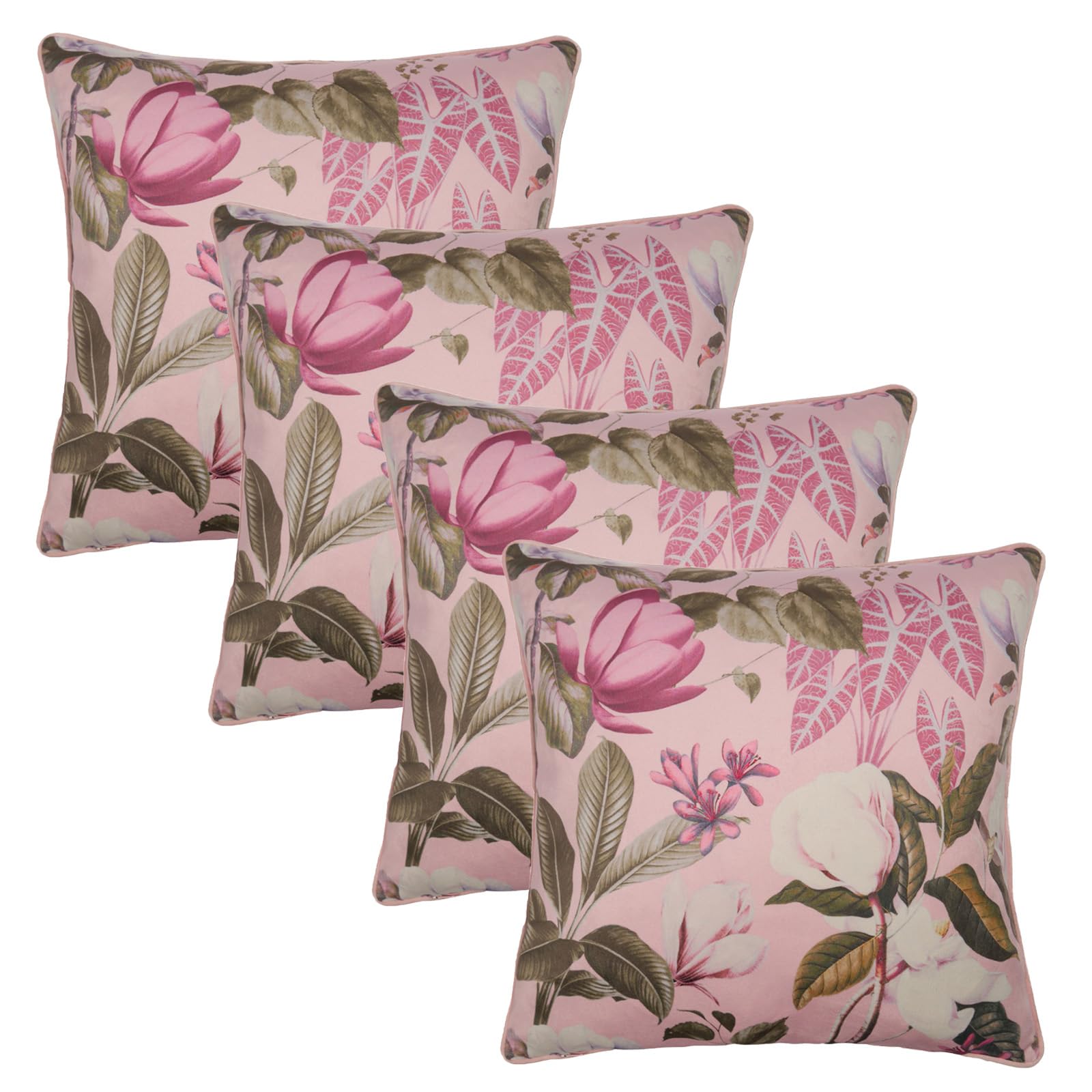 4 Pack Printed Floral Cushion Covers - Velvet - Pink - 45cm x 45cm - OHS