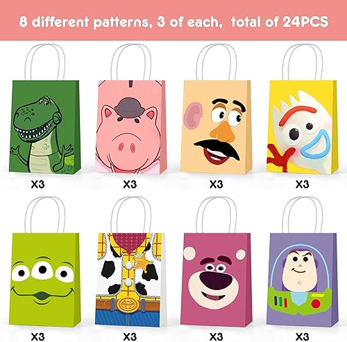 Miniatura 2 de 24 bolsas de regalo inspiradas en juguetes para fiestas de cumpleaños, 8 diseños de doble cara, bolsas de dulces para niños y niñas, decoraciones de