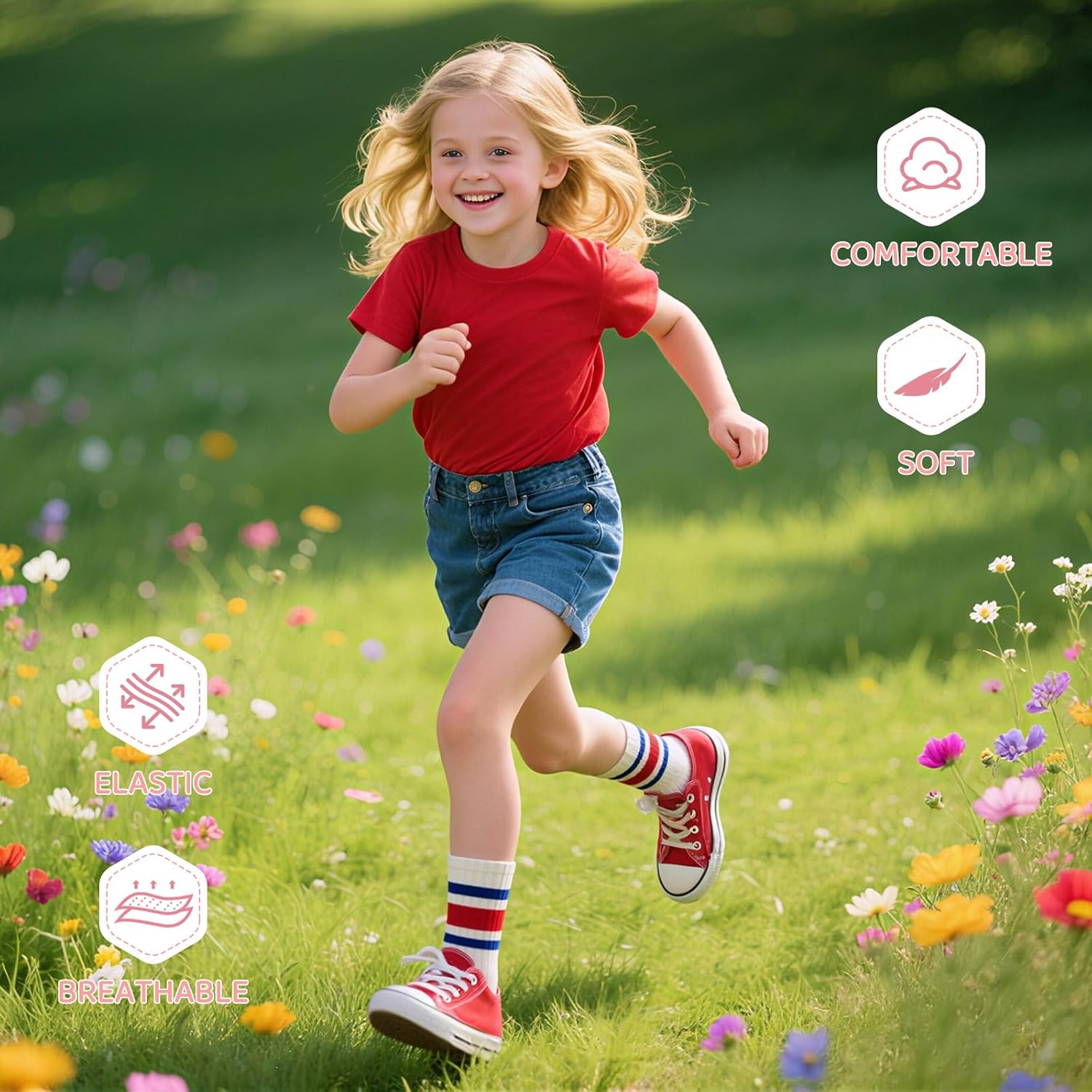 Comfoex Girls Crew Socks Kids Athletic Calf Socks 7 Pairs Soft Cotton & Casual Stripe for Children 8-10 10-12 Years Old - Image 7