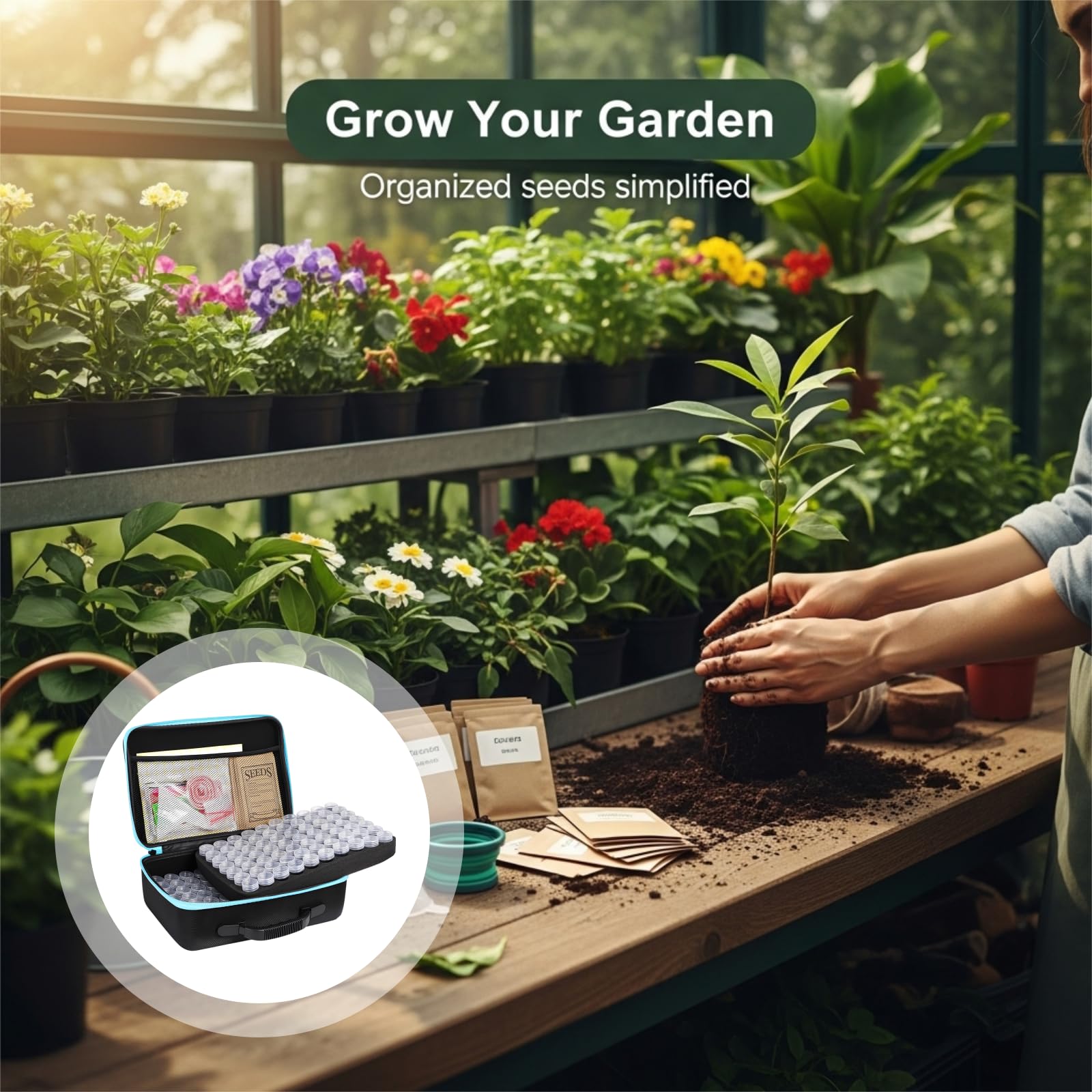 PONDON Scatola organizer per semi, con 140 scomparti, con custodia in EVA, 140 contenitori, 20 buste, etichette, imbuto e accessori da giardino, per verdure, frutta e semi di fiori