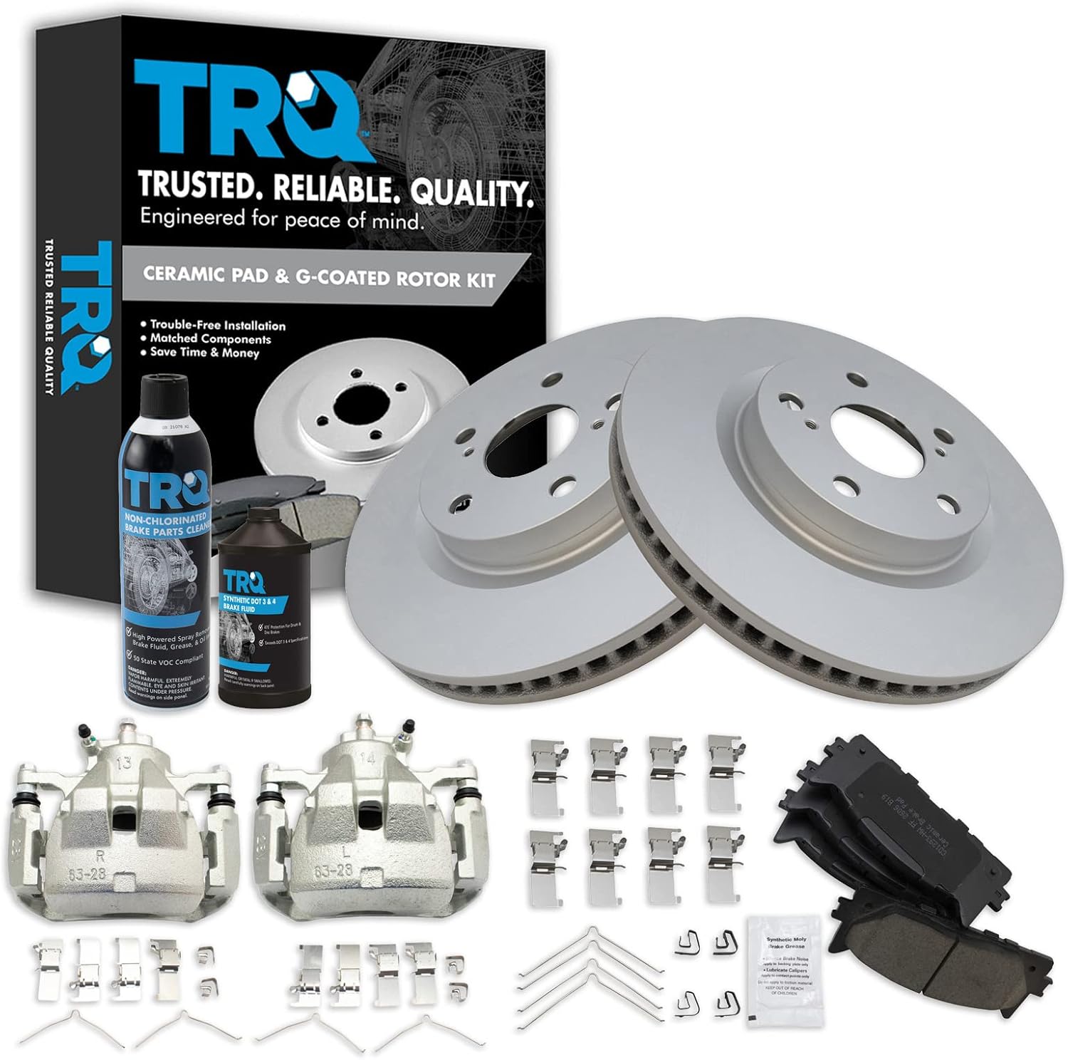 TRQ Front Brake Pad & Rotor Kit Brake Caliper Brake Chemical Kit Brake Pads Brake Rotor Ceramic Premium G-Coated Compatible with 2007-2018 Lexus ES350 2008-2018 Toyota Avalon 2007-2017 Camry