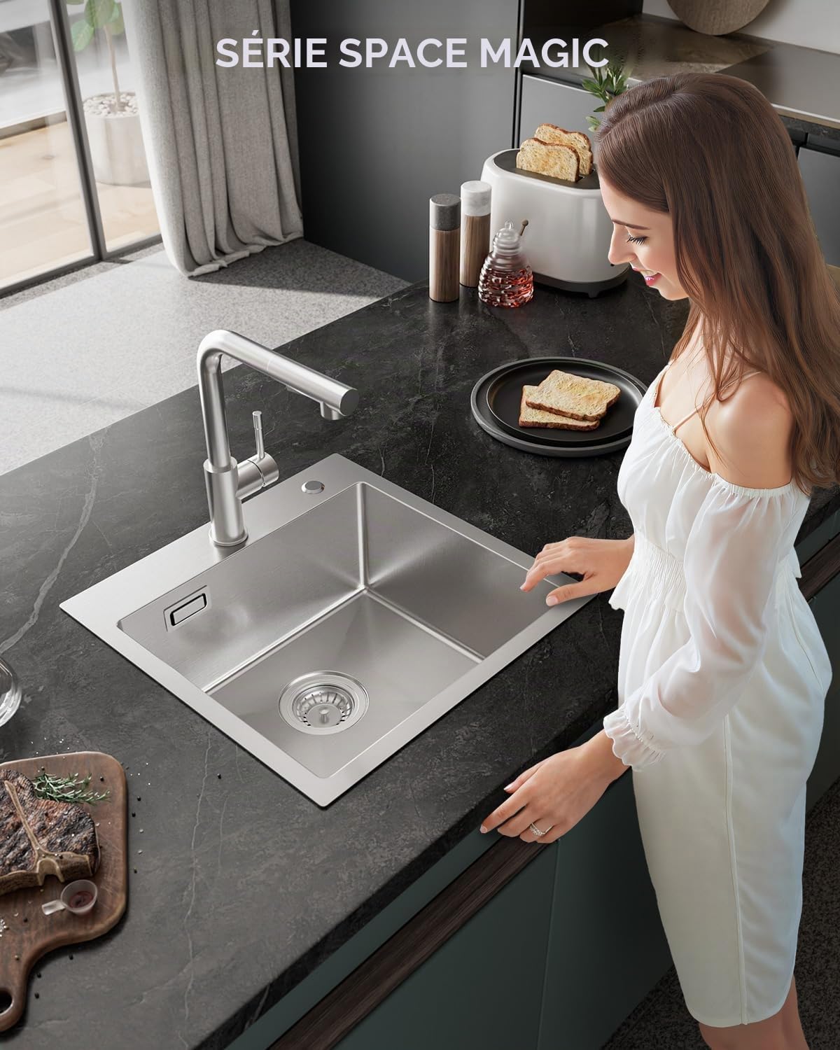 Évier de Cuisine, 45 x 45 cm, Rectangulaire, en Acier Inoxydable 304, avec Siphon, Lavabo de Cuisine, pour Armoires Inférieures à Partir de 45 cm de Large, 1 Evier Encastrable en Acier