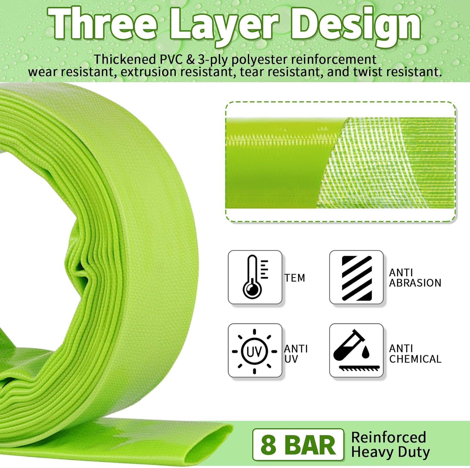Boltigen 1-1/2'' Pool Backwash Hose, 50 Feet Heavy Duty PVC Pool Drain Hose with Clamps, Lay Flat Water Discharge Filter Pump Hose for Swimming pools, High Pressure Pool Pump Hose