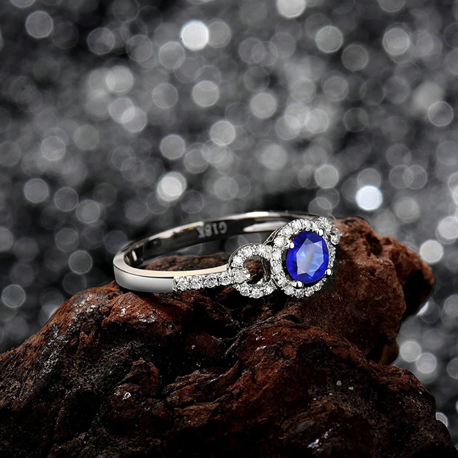 Engagement Ring 18K White Gold, Simple Promise Rings Hollow Design 0.6ct Round Sapphire with 0.17ct Diamond Jewelry Ring Wedding Gifts for Women