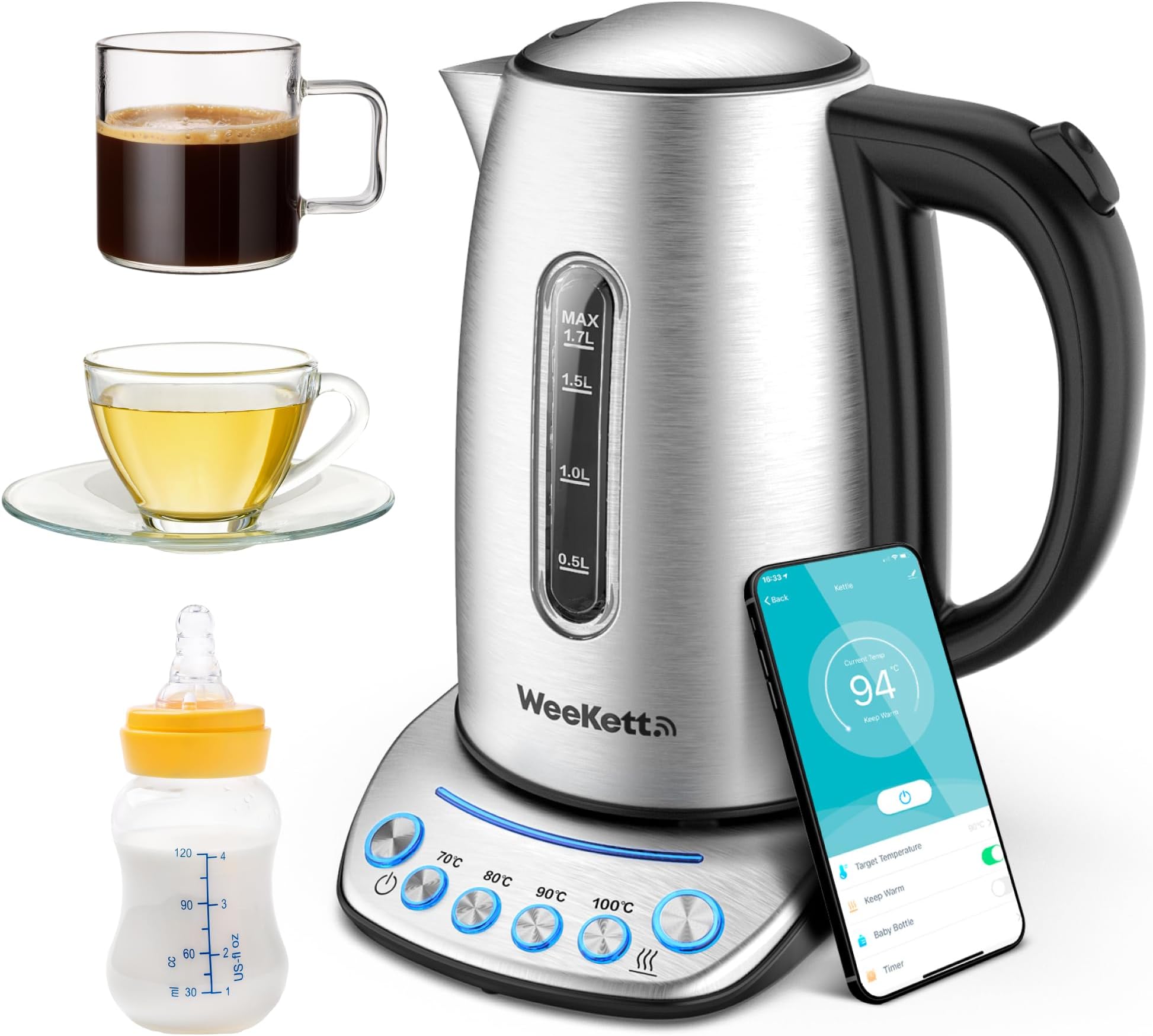 Alexa Smart Kettle, voice control with Amazon Alexa, Google & Siri | Digital Temperature Control 2200W with Keep Warm Function, Stainless Steel, 1.7L, Silver | Energy Efficient Kettle - BPA Free