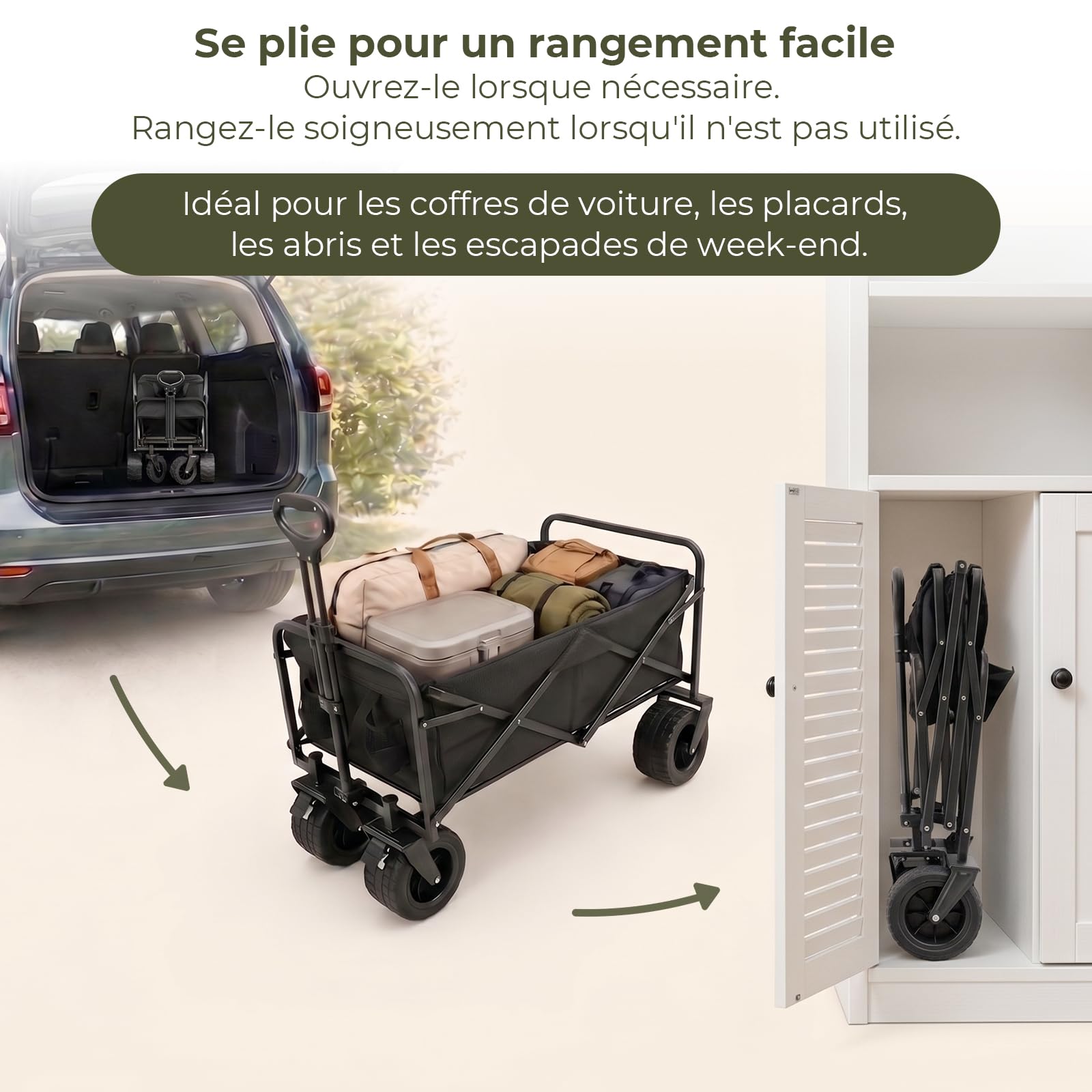 Chariot Pliable 200L 160 kg, Chariot de Plage Pliable à Pneus Larges, 84x48x100cm,Roues Tout-Terrain à 360°, Chariot à Main pour Camping, Courses, Chiens, Jardin et Plage