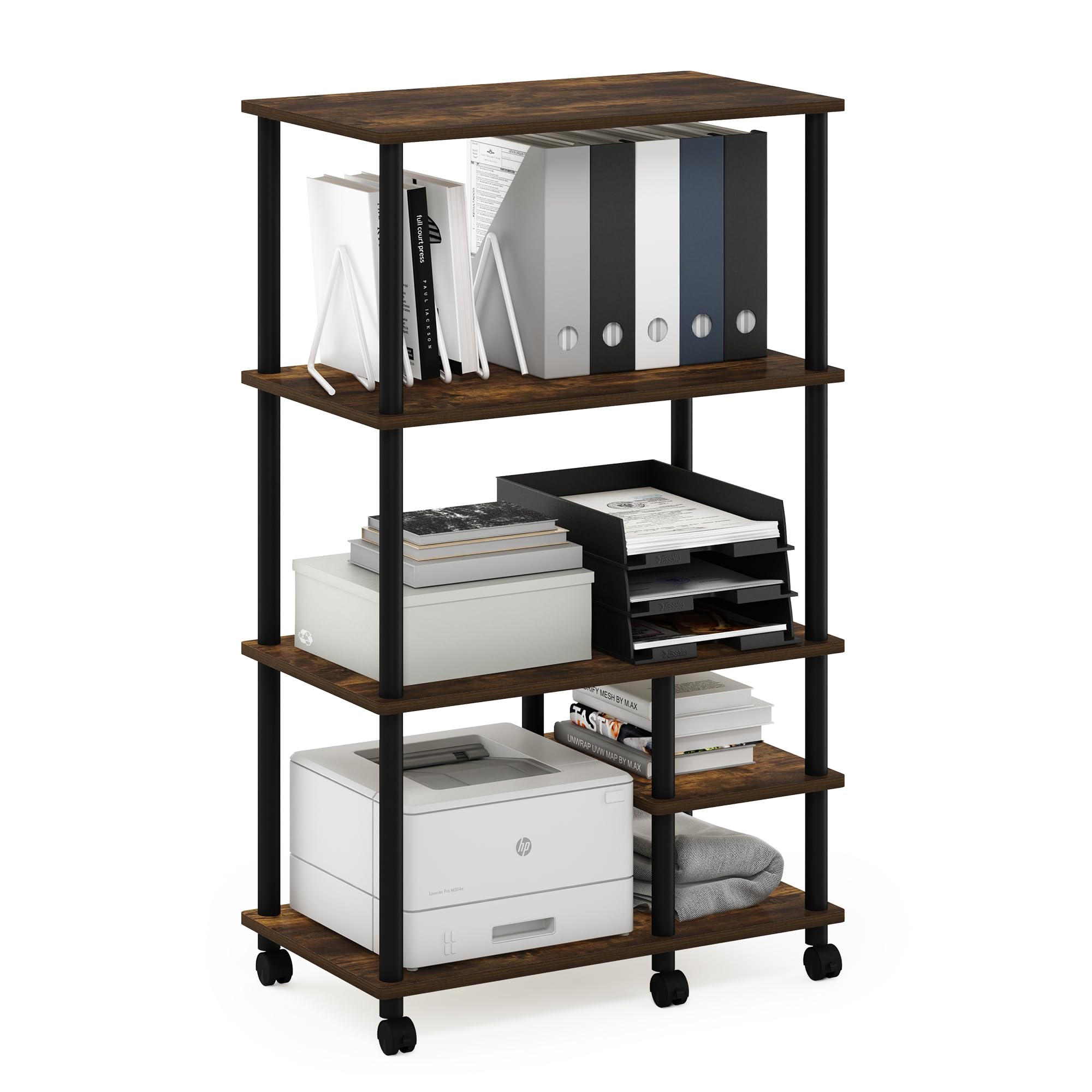 Furinno TURN-N-TUBE Printer Stand, 4-Tier Printer Table with with Storage Shelf and Casters, Open Frame Standing Shelf, for CPU, Office Supplies, Home Office, Amber Pine