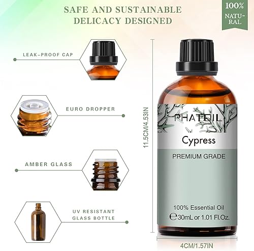 Miniatura 6 de Aceite Esencial de Ciprés, 30ML (1.01Fl.Oz) PHATOIL Aceite Esencial Puro Individual para Difusores de Aromaterapia, Humidificadores, Ideal para