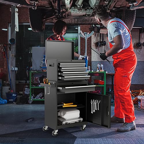 Miniatura 9 de Goplus Caja de herramientas con 5 cajones, gabinete de herramientas rodante con parte superior desmontable, ruedas bloqueables universales, barra de