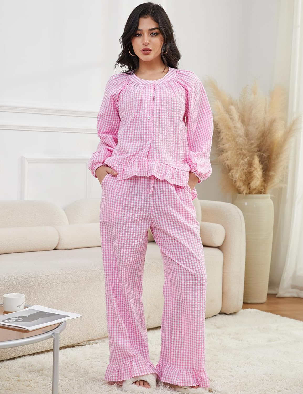 Arssm Womens Gingham Pajama Set 2 Piece Plaid Button Down Long Sleeve Shirt and Pants Pjs Lounge Set Outfits - Image 2