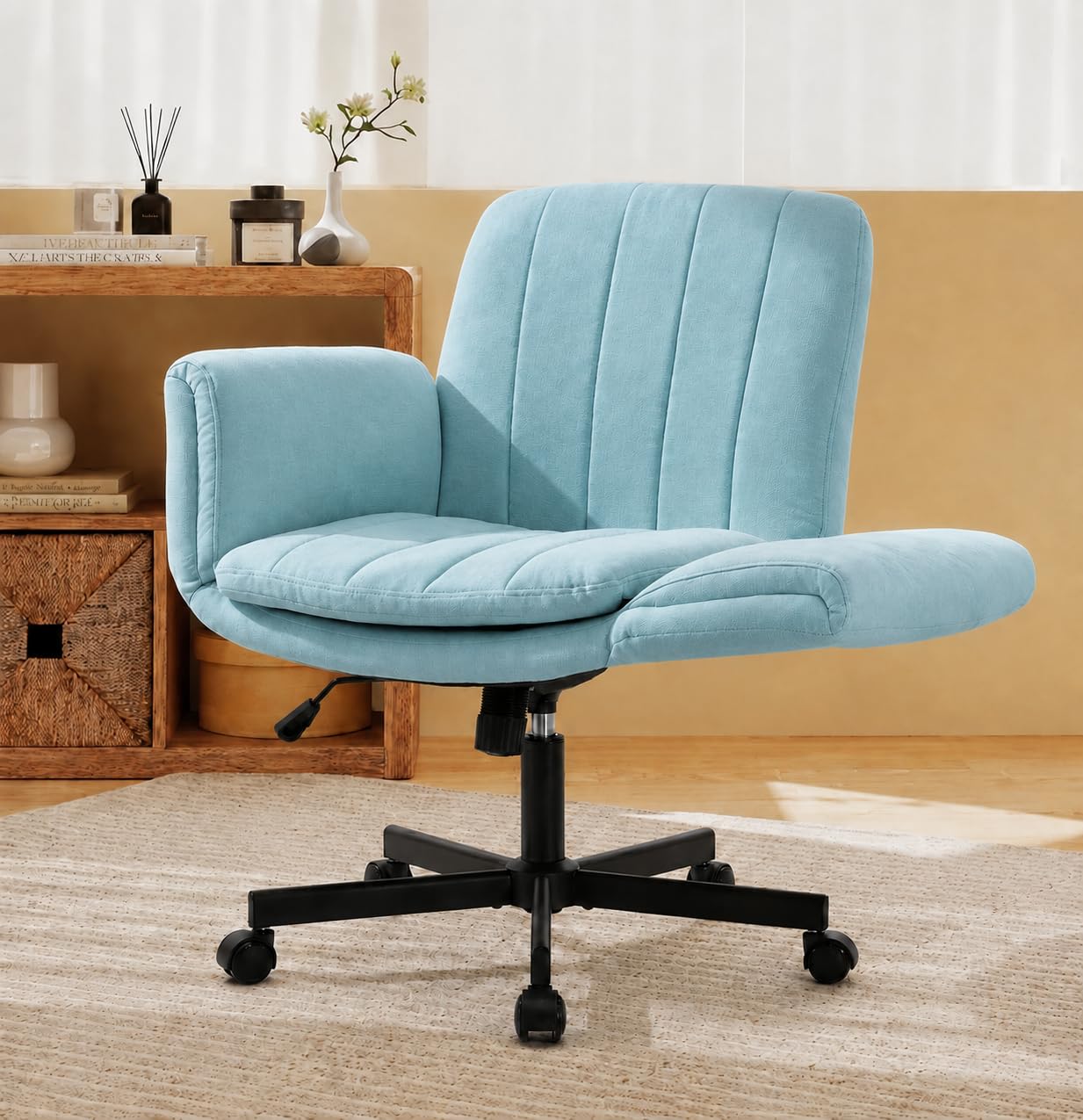 Criss Cross Office Chair with Wheels and Arms, Vanity Chair with Back, Comfy Swivel Cross Legged Office Chairs for Ultimate Comfort and Support, Unique Multifunctional Stylish Arms (Green)