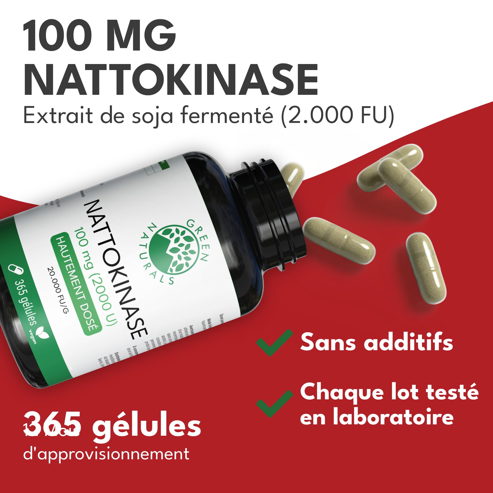 Green Naturals® Nattokinase (20 000 FU/g) – 365 gélules – Hautement dosé 100 mg avec 2 000 FU par gélule – Qualité supérieure en provenance d’Allemagne – Approvisionnement 1 an