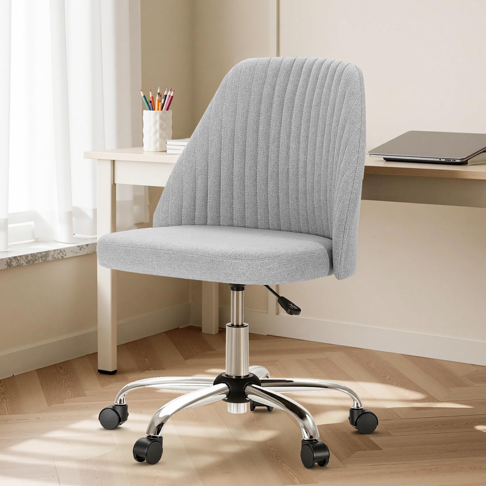 DUMOS Home Office Chair, Comfy Desk Chair with Rolling Wheels | Armless Height Adjustable, Wide Seating, Vanity Swivel Task, Bedroom Student Adults, Classic Grey
