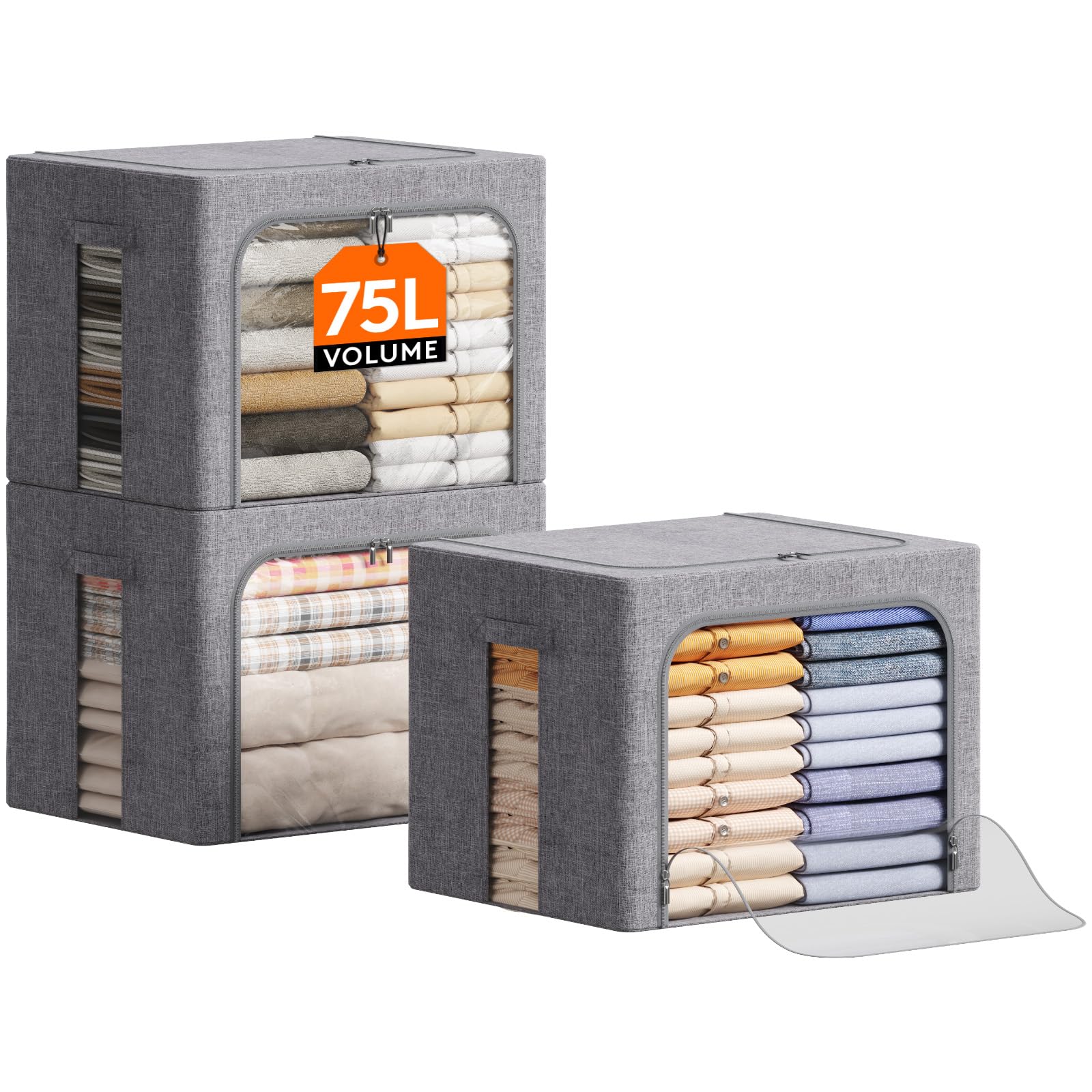 Lifewit Aufbewahrungsbox mit Deckel, Kleidung Aufbewahrung, Faltbare Kleideraufbewahrung mit Metallrahmen, Stoffbox mit Griffen & Fenster, Aufbewahrung Kleiderschrank