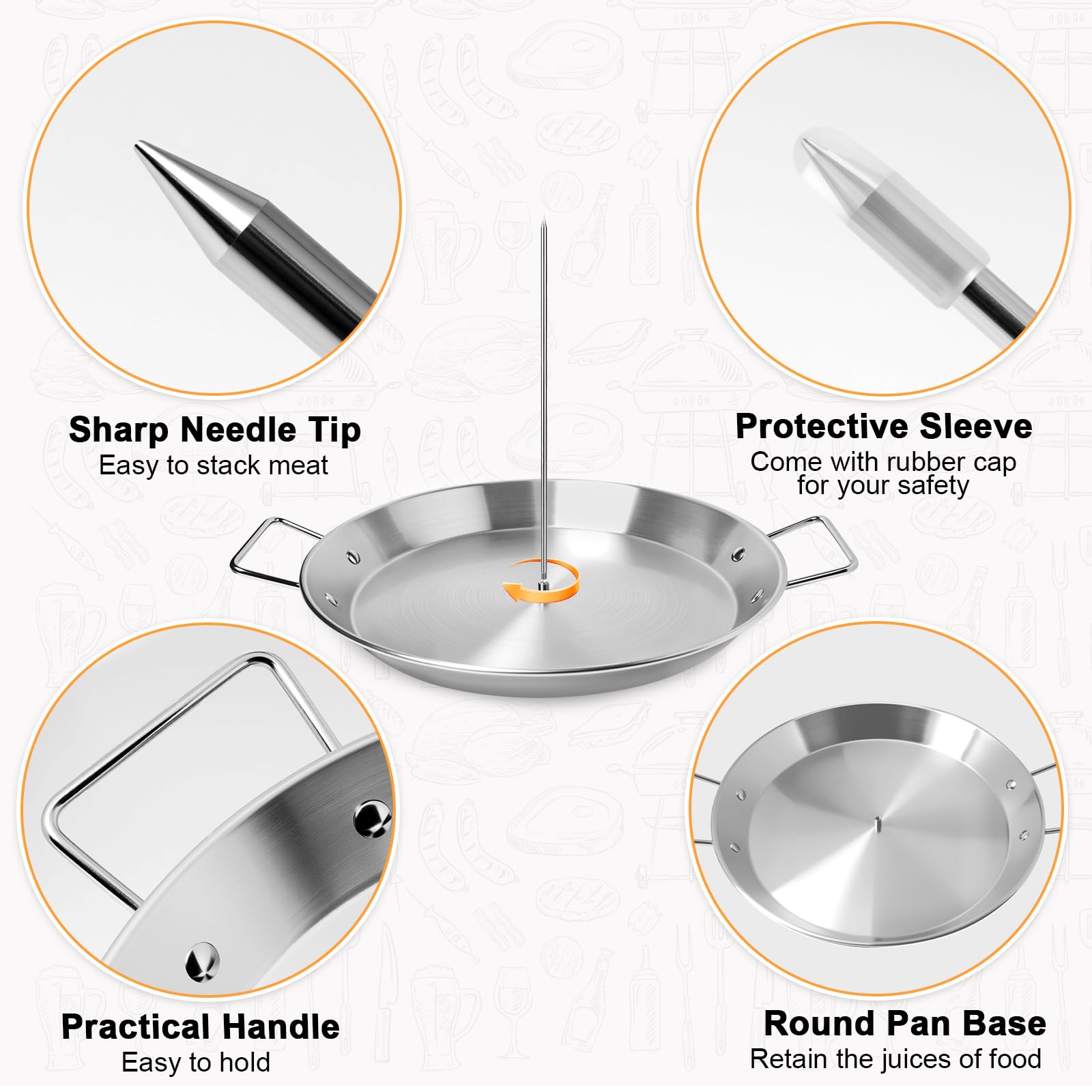 Al Pastor Skewer for Grill, Stainless Steel Vertical Skewer with 10 Inch Base Pan, 5 Replacement Spikes, 1 Brush, 1 Clip, 1 Scissors, for Steak, Chicken, Fish, Turkey Kebab — view 3