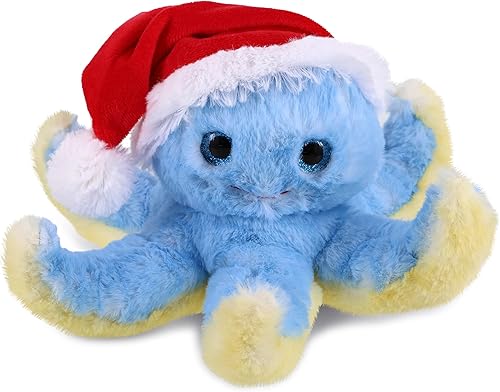 DolliBu Peluche de pulpo azul de Papá Noel, peluche súper suave con sombrero rojo de Papá Noel, bonito regalo de vida oceánica, perfecto con la