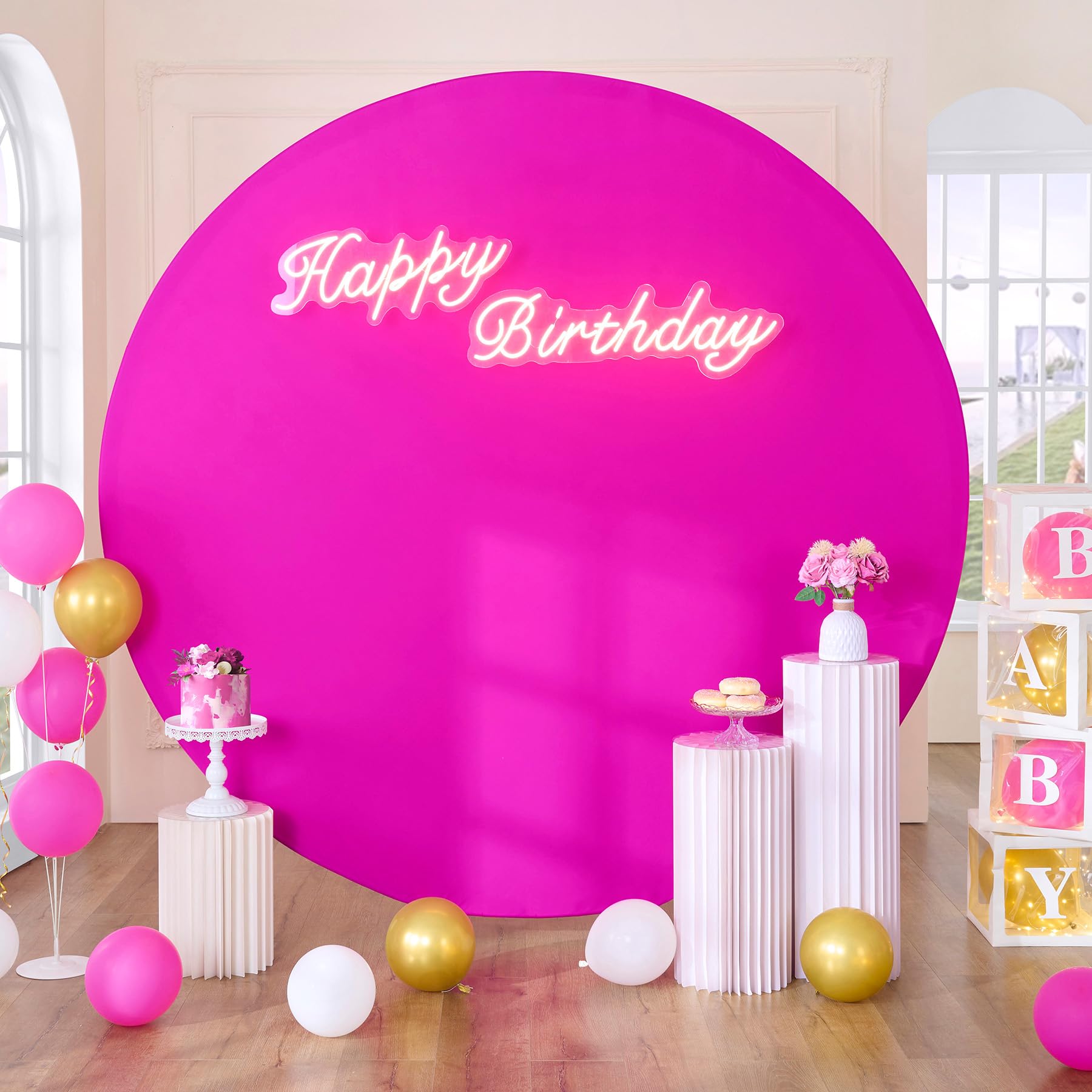Htper7.2 ft Wrinkle Free Hot Pink Round Backdrop Covers for 7/7.2ft Circle Arch Stand, Fuchisia Circle Background Covers for Wedding Baby Shower Photography Birthday Party Background