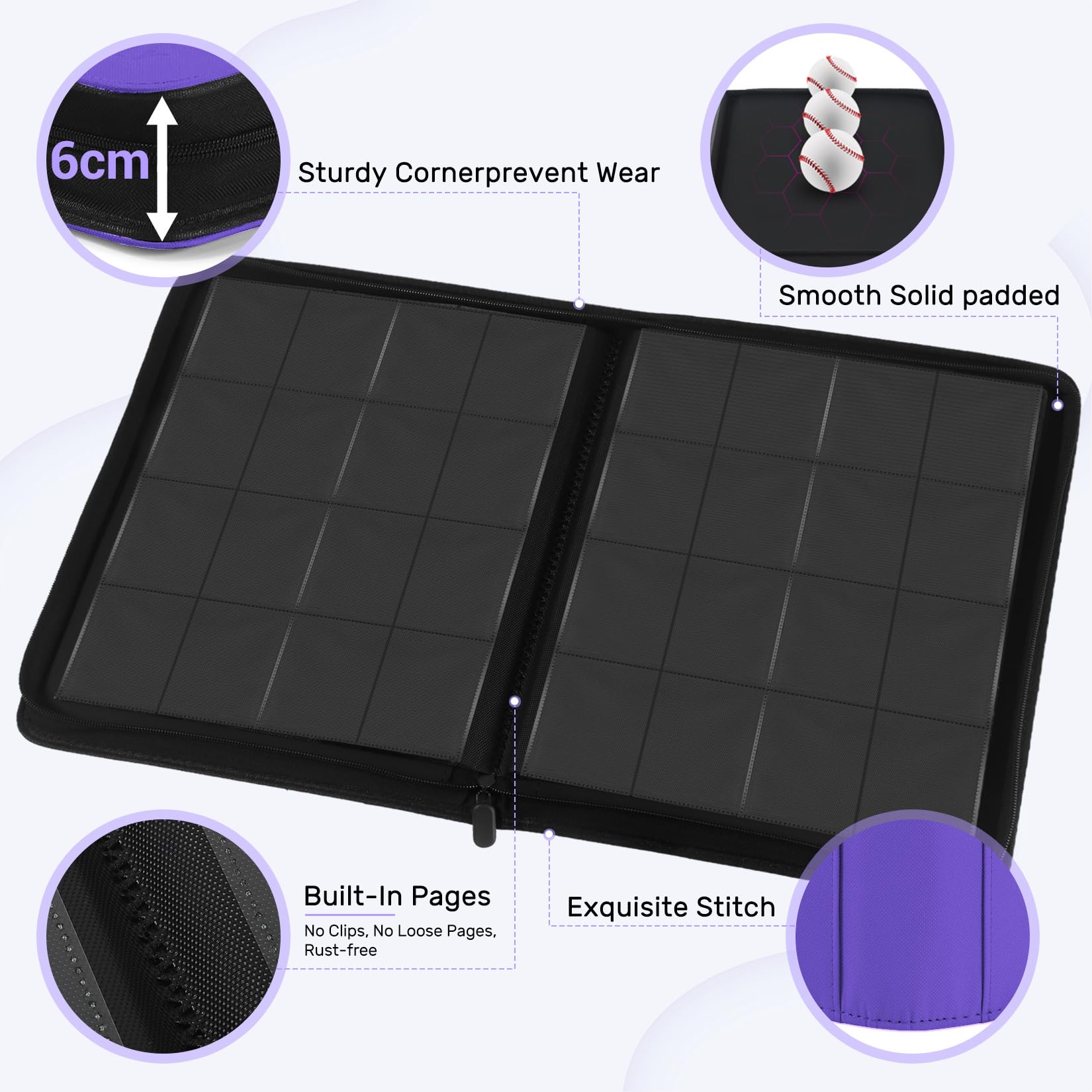 WITHYU Album da Collezione per Carte 16 Tasche, Capacità 1024 Carte - Portacarte Impermeabile Caricamento Laterale con Zip per TCG, Calcio & Collezioni, Portatile (Viola)