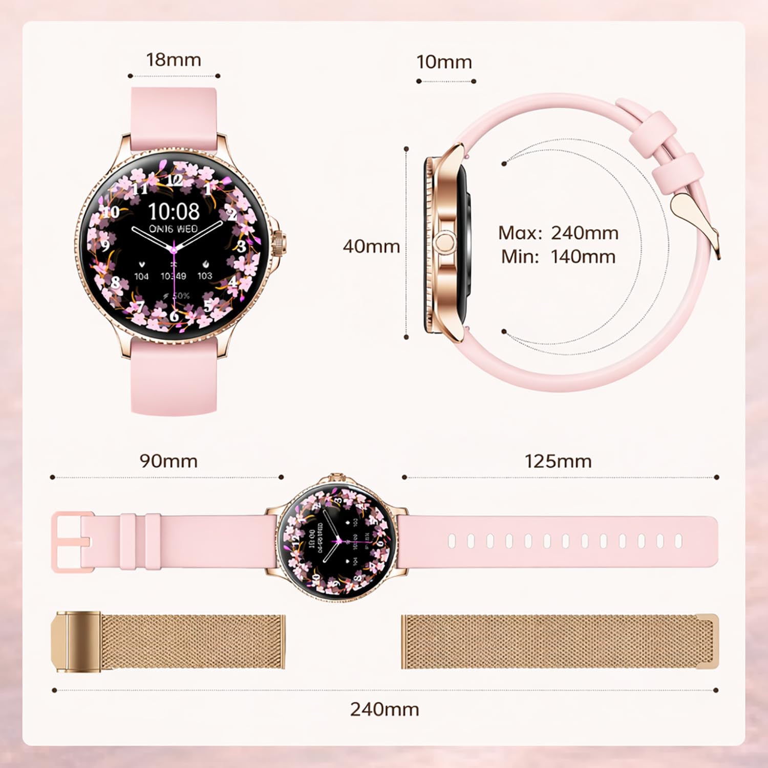 Smartwatch Donna, Orologio Intelligente Rotondo 1,27" HD con Chiamate Bluetooth, 2 Cinturini, Cardiofrequenzimetro SpO2 Sonno Contapassi, Orologio Fitness IP68 Impermeabile per Android/iOS, Oro rosa