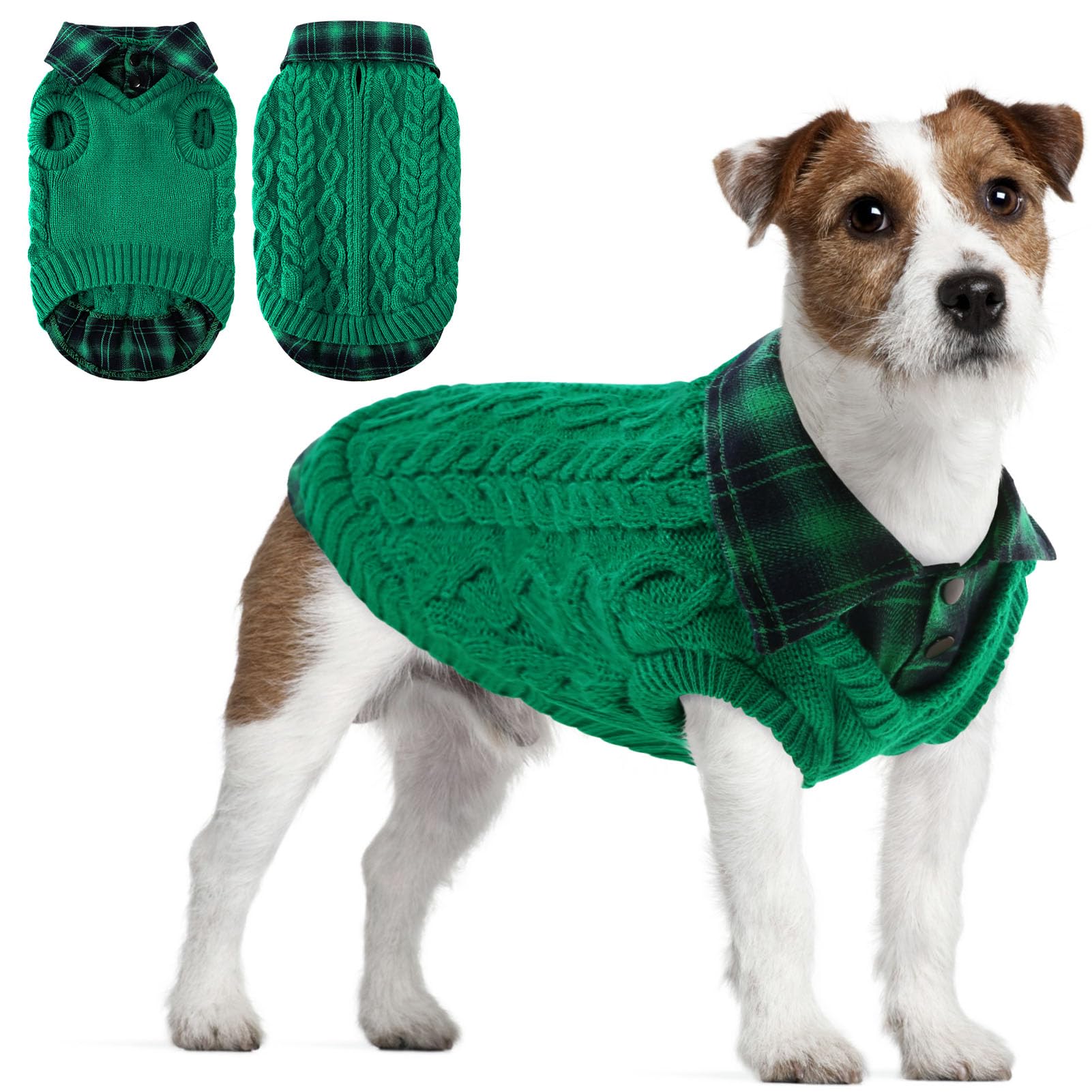 CITÉTOILE Winter Dog Jumper for Dogs, Classic British Plaid Shirt Collar, Fake Two Pieces Warm Knitted Dog Sweater for Puppy Dog Cat, Pet Clothes Outfit for Christmas/Halloween, Green, L — image 1