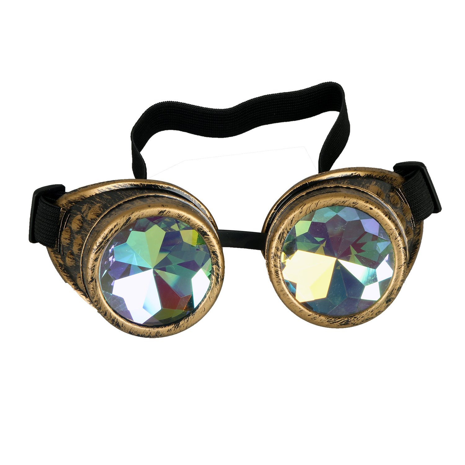 FLORATA (One Size, Brass) - Kaleidoscope Rainbow Steampunk Goggles Crystal Lenses Welding Eye Protect Vintage Glasses
