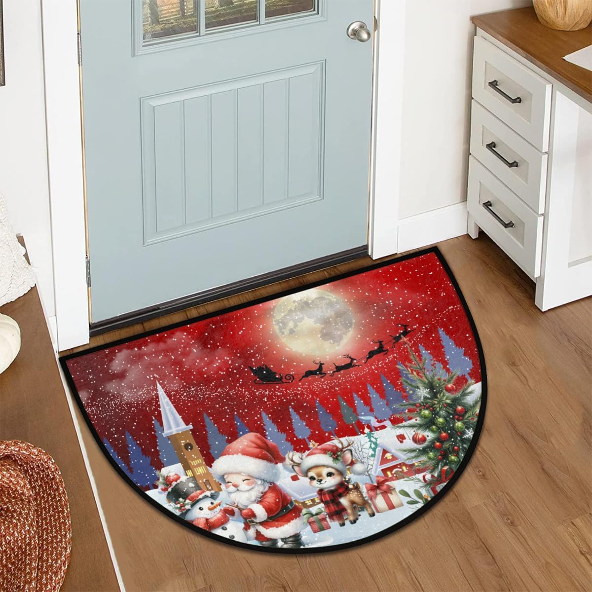 cfpolar Christmas Deer Santa Claus Half Round Door Mat Outdoor Entrance Large 24"x36" Half Circle Welcome Entrance Way Mat Semi Circular Front Door Mat Area Rug for Garage, Patio, High Traffic Areas