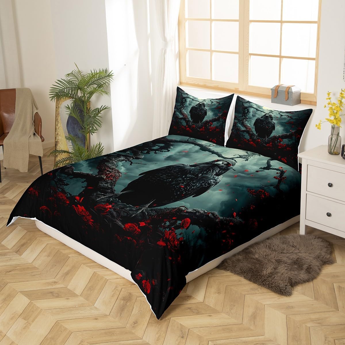 Feelyou Crows Bedding Set Queen Kids Ravens Halloween Comforter Cover Set for Boys Girls Gothic Art Halloween Duvet Cover Bedspread Cover Room Decorations Quilt Cover,No Stuffing