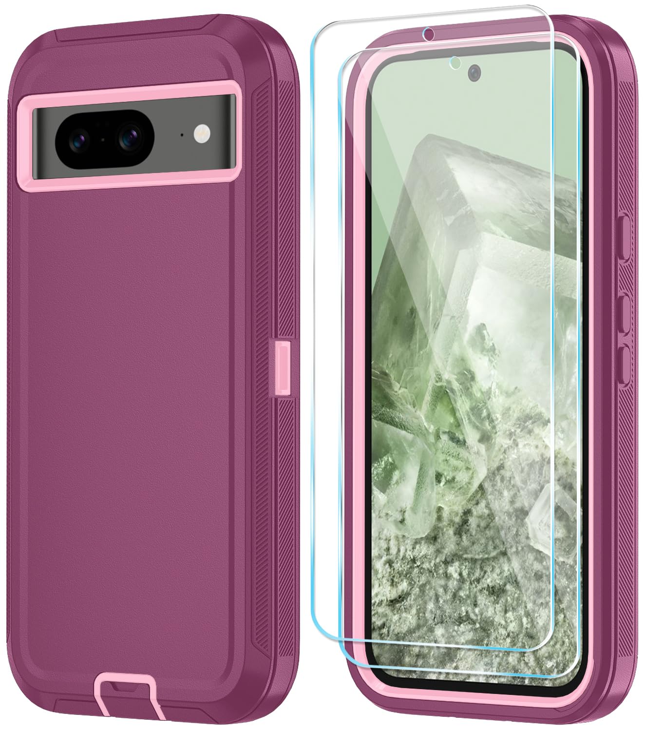 Qinmay Phone Case for Google Pixel 8A Case with HD Screen Protector, Heavy Duty Shockproof & Dropproof 3-Layer Cover Phone Case for Pixel 8A,WineRedPink