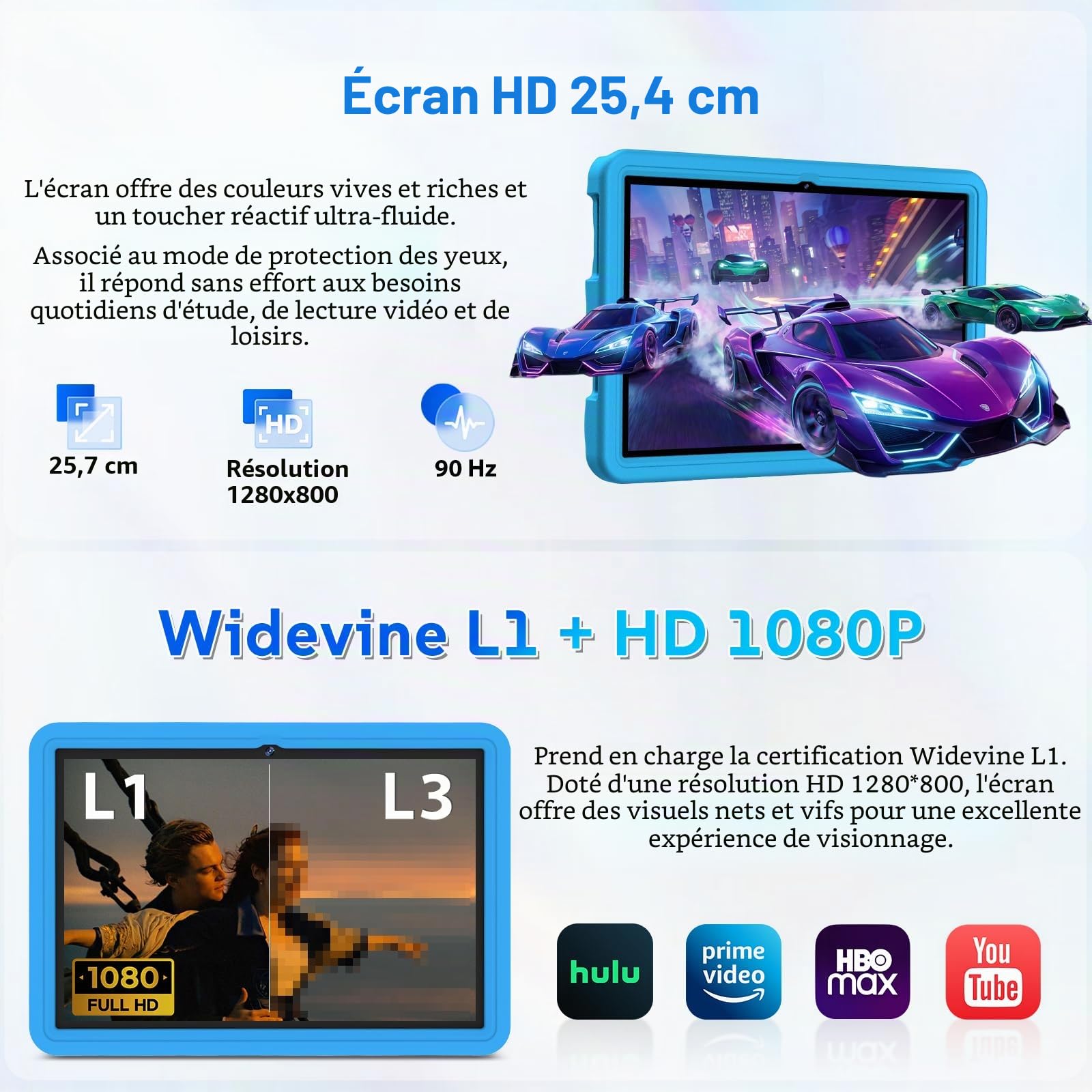 DMOAO Tablette Enfants 10 Pouces Android 15 avec 30Go RAM (TF 2To), 5G WI-FI 6, Widevine L1, Contrôle Parental, 8-Core, Tablette Tactile avec Coque Antichoc EVA + Support Rotatif à 360°,Bleu