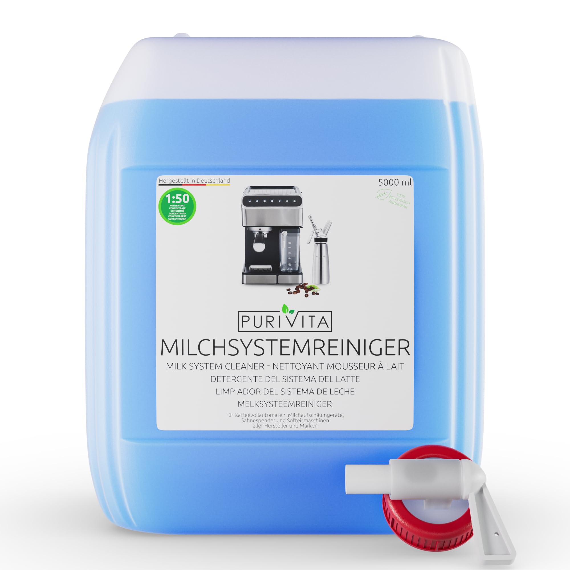 PURIVITA® Universal Milchsystemreiniger Kaffeevollautomaten [5L] - Milchschaumreiniger Kaffeemaschine - Milchaufschäumer Reiniger - Reiniger Milchsystem Kaffeevollautomat - Kaffeemaschinenreiniger