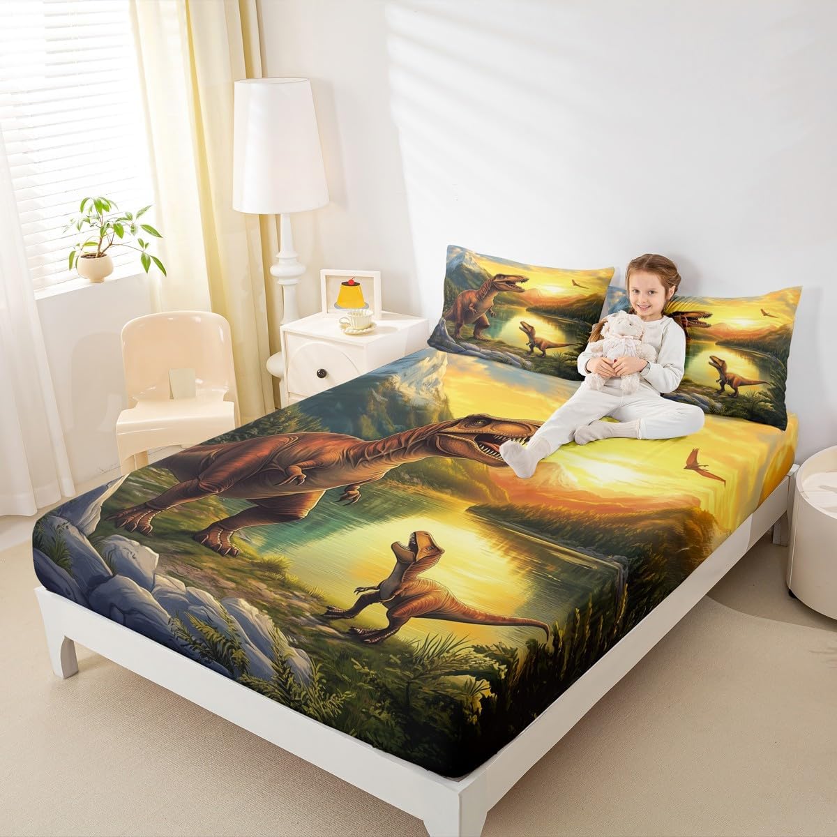 Erosebridal Kids Dinosaur Twin Fitted Sheet Dino Sheets Toddler Bed, Wild Animal Bed Sheets Jungle Wildlife Bed Cover, 3D Dinosaur Print Bed Set Boys Girls Home Decor (Deep Pocket)